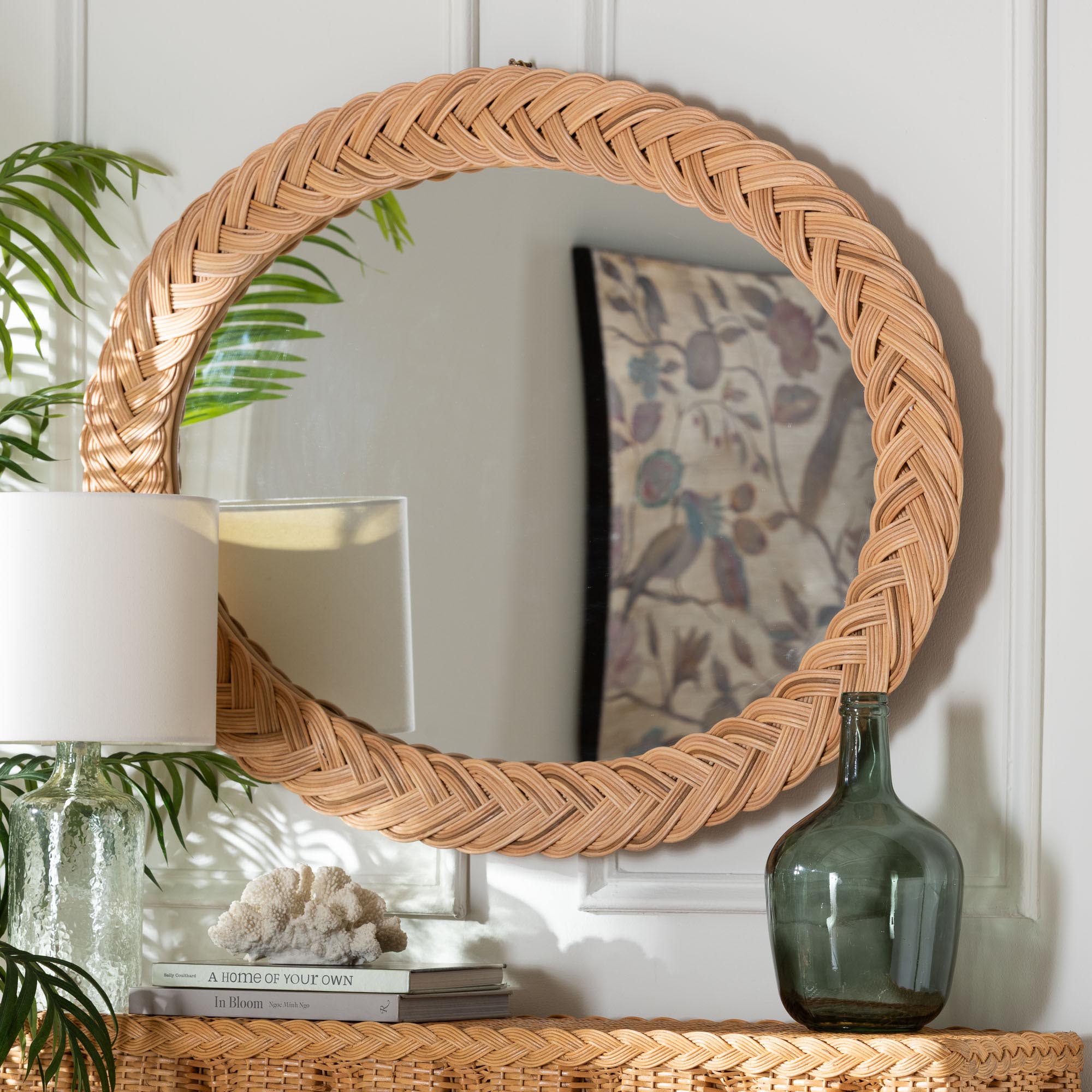 Nara Natural Rattan Wall Mirror - Handwoven Braided Wicker Frame, Coastal Boho Wall Decor for Entryway, Bedroom, or Living Room, Oval