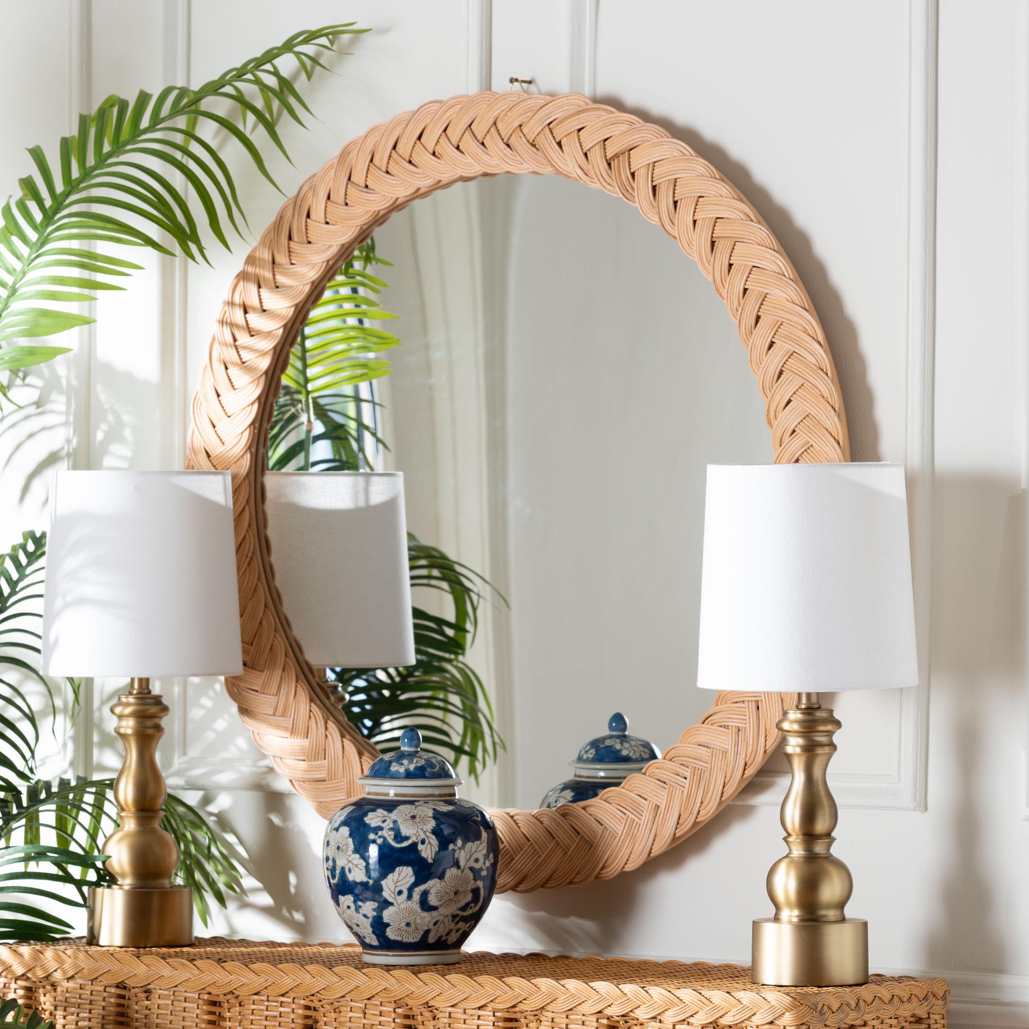 Nara Natural Rattan Wall Mirror - Handwoven Braided Wicker Frame, Coastal Boho Wall Decor for Entryway, Bedroom, or Living Room, Round