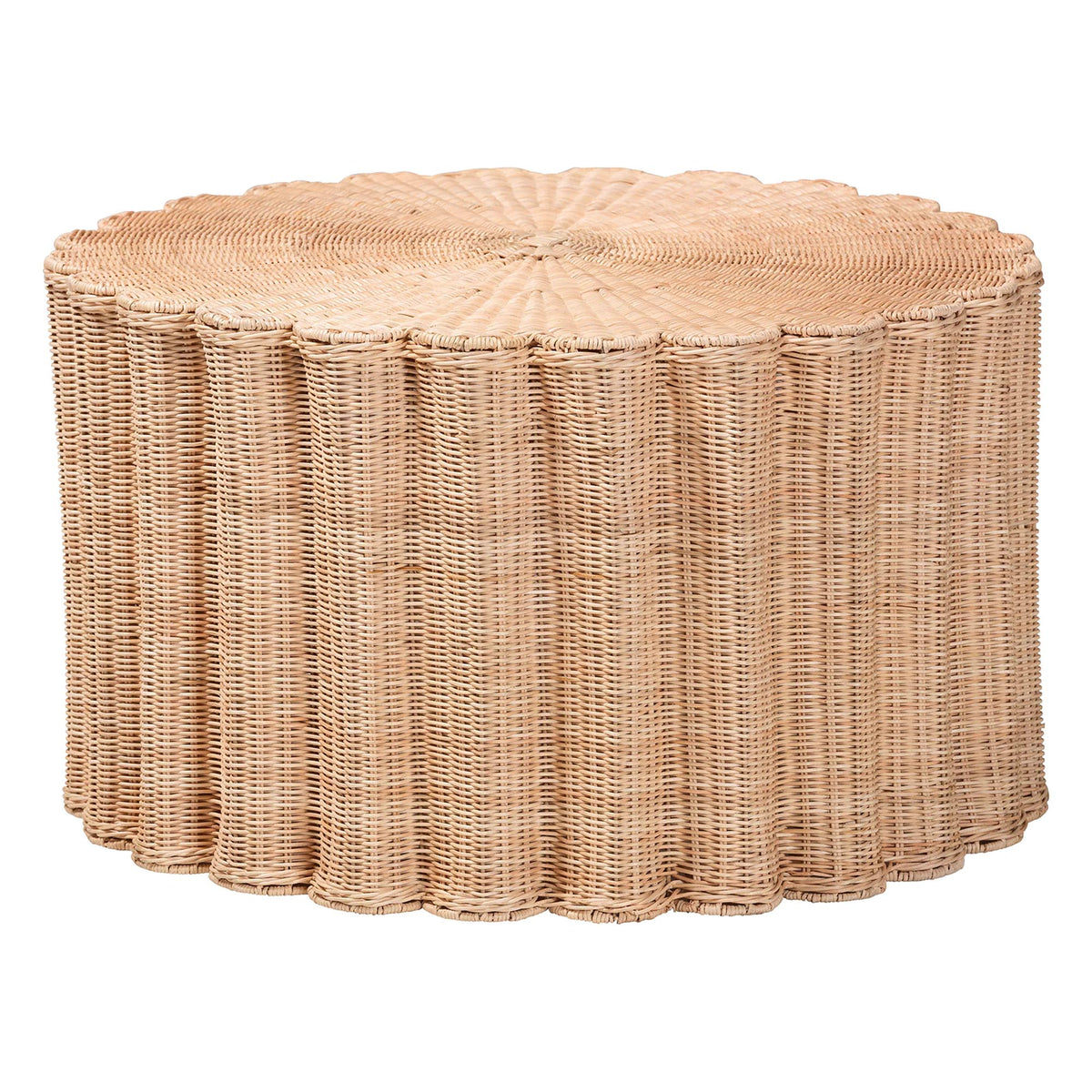 Kensley Natural Rattan Coffee Table - Handwoven Wicker Round Accent Table with Scalloped Silhouette, Boho Coastal Style Decor for Living Rooms or Lounges
