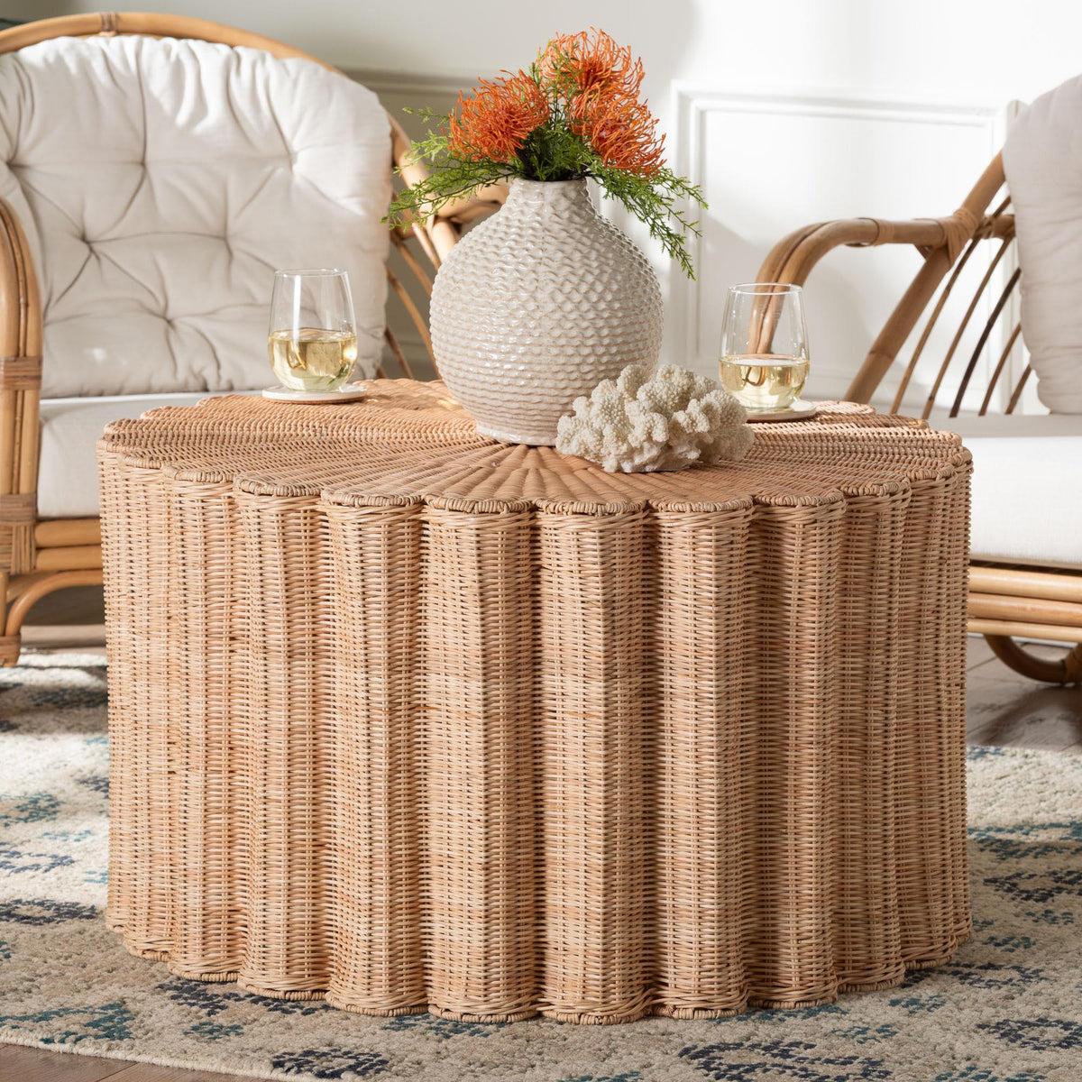 Kensley Natural Rattan Coffee Table - Handwoven Wicker Round Accent Table with Scalloped Silhouette, Boho Coastal Style Decor for Living Rooms or Lounges