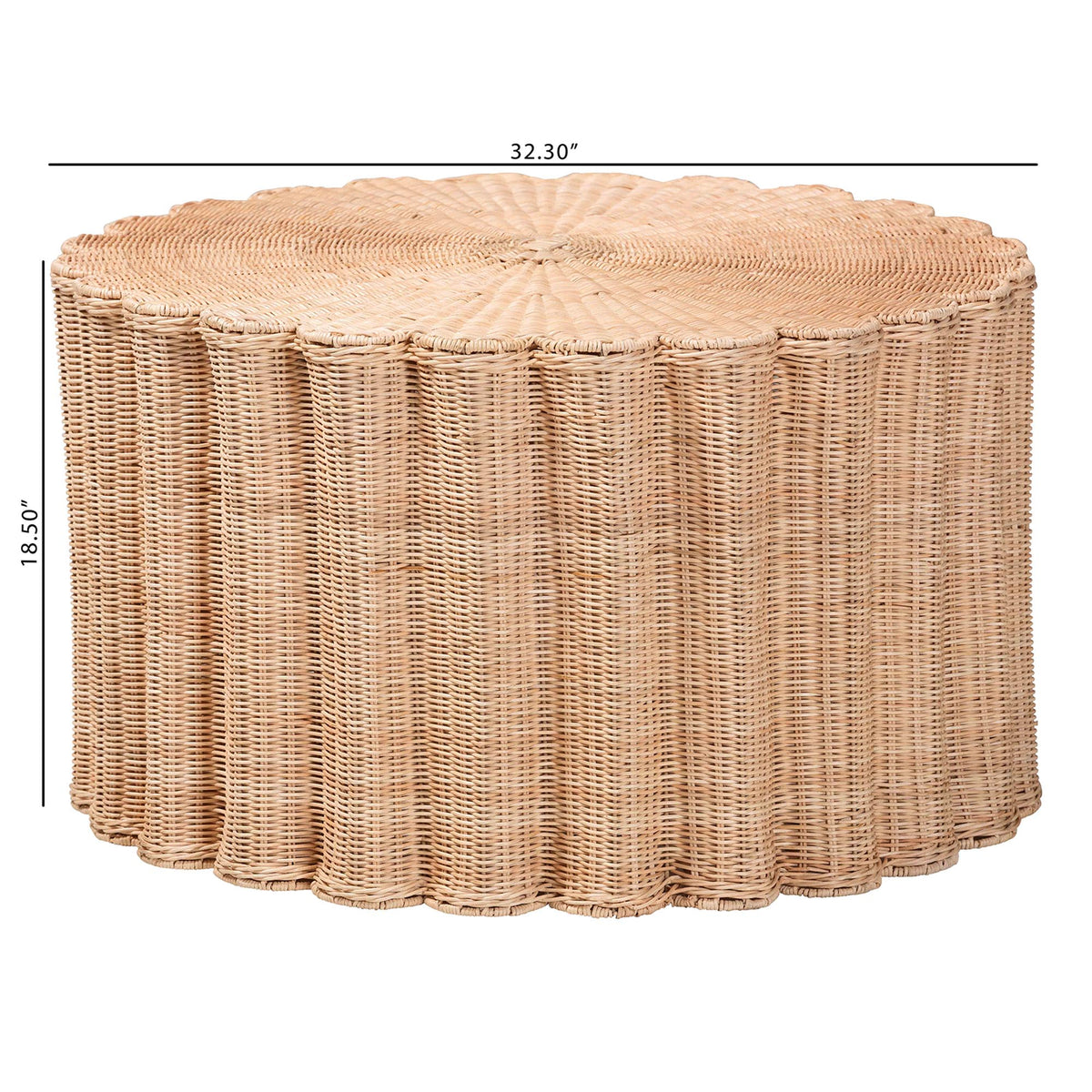 Kensley Natural Rattan Coffee Table - Handwoven Wicker Round Accent Table with Scalloped Silhouette, Boho Coastal Style Decor for Living Rooms or Lounges
