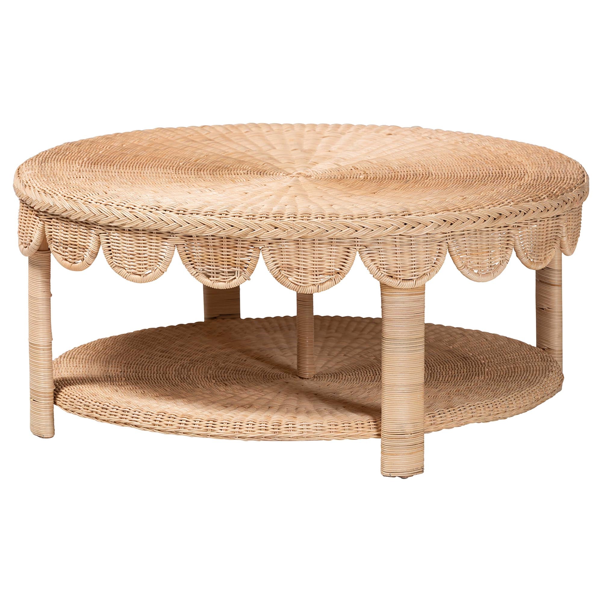 Latoya Natural Rattan Coffee Table - Handwoven Round Wicker Table with Scalloped Apron and Lower Shelf, Coastal Boho Living Room Accent Furniture