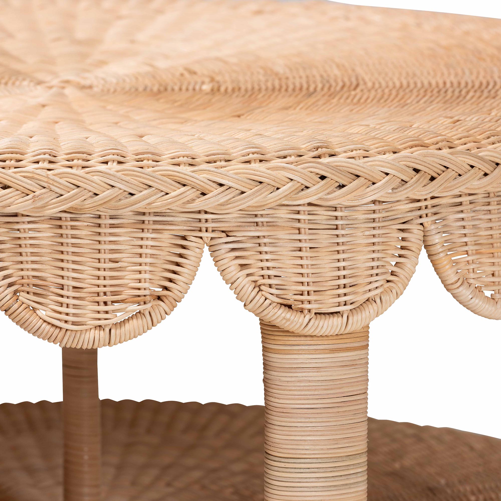 Latoya Natural Rattan Coffee Table - Handwoven Round Wicker Table with Scalloped Apron and Lower Shelf, Coastal Boho Living Room Accent Furniture