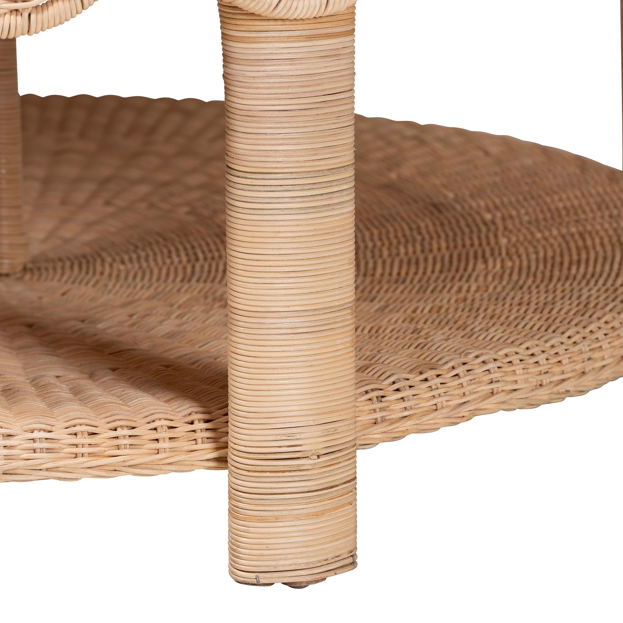 Latoya Natural Rattan Coffee Table - Handwoven Round Wicker Table with Scalloped Apron and Lower Shelf, Coastal Boho Living Room Accent Furniture