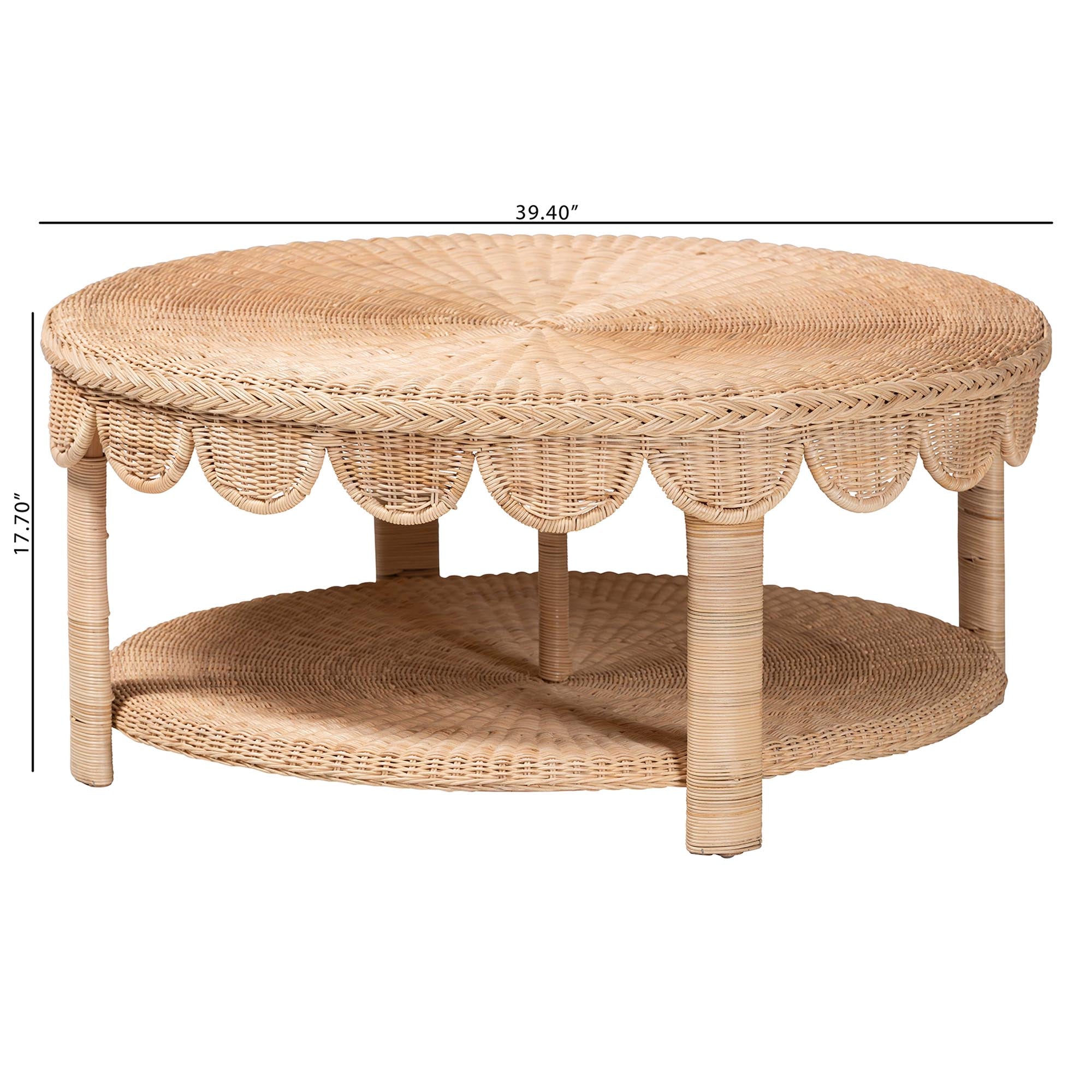 Latoya Natural Rattan Coffee Table - Handwoven Round Wicker Table with Scalloped Apron and Lower Shelf, Coastal Boho Living Room Accent Furniture