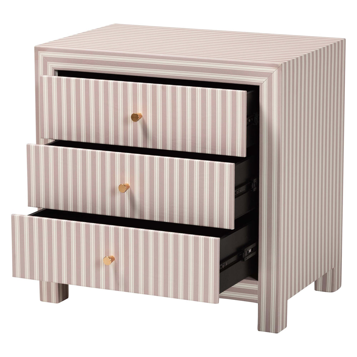 Javianne End Table with Striped Faux Leather - 3-Drawer Storage Cabinet with Gold Knobs