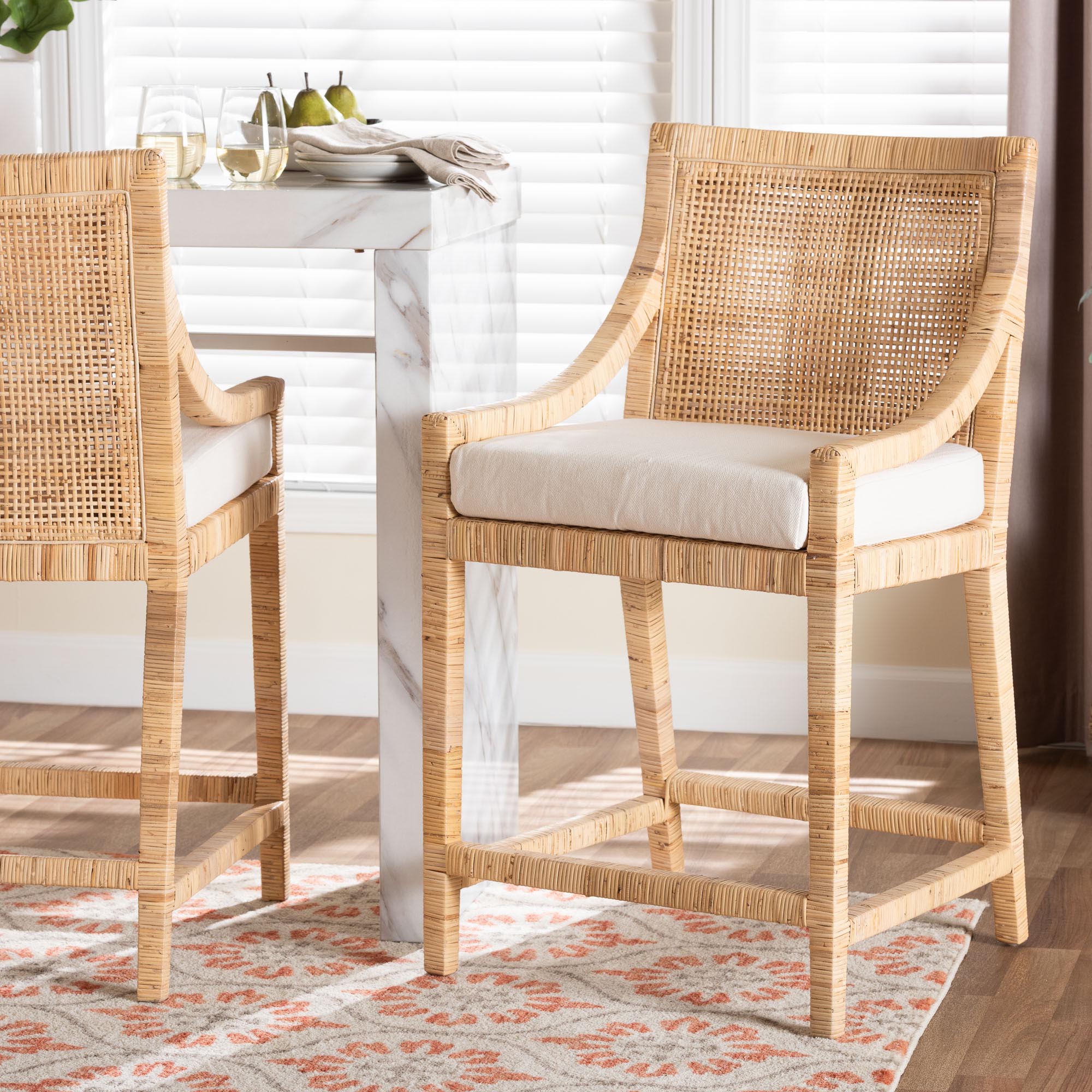 Alexis Natural Rattan Counter Stool - Handcrafted Wingback Counter Chair with Woven Back and Removable Seat Cushion, Coastal Boho Style Seating for Kitchen Island or Dining Area