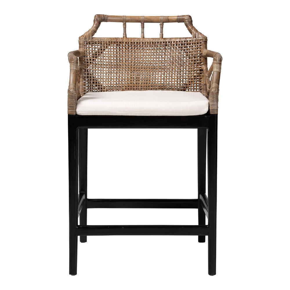 Abiel Natural Rattan Counter Stool with Arms and Removable Cushion - Handwoven Wicker Stool with Mahogany Wood Frame, Coastal Boho Seating for Kitchen or Dining Area