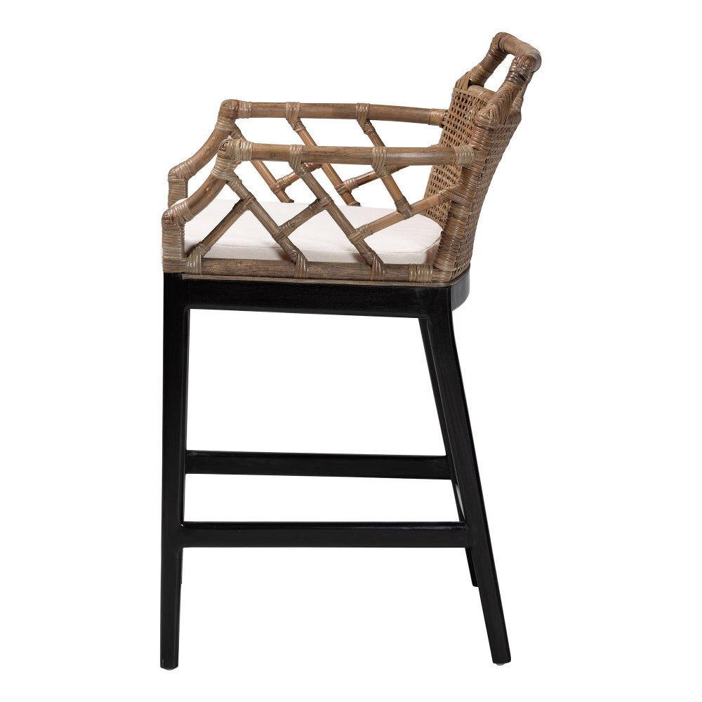 Abiel Natural Rattan Counter Stool with Arms and Removable Cushion - Handwoven Wicker Stool with Mahogany Wood Frame, Coastal Boho Seating for Kitchen or Dining Area