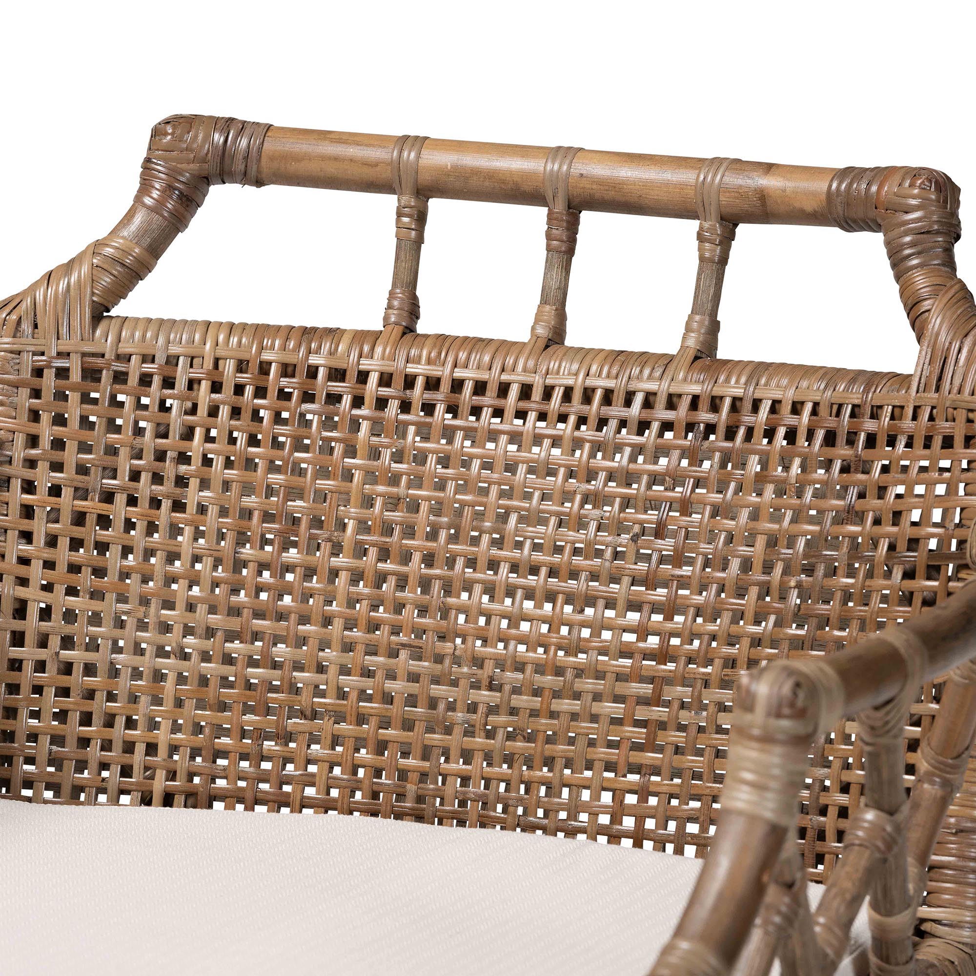 Abiel Natural Rattan Counter Stool with Arms and Removable Cushion - Handwoven Wicker Stool with Mahogany Wood Frame, Coastal Boho Seating for Kitchen or Dining Area
