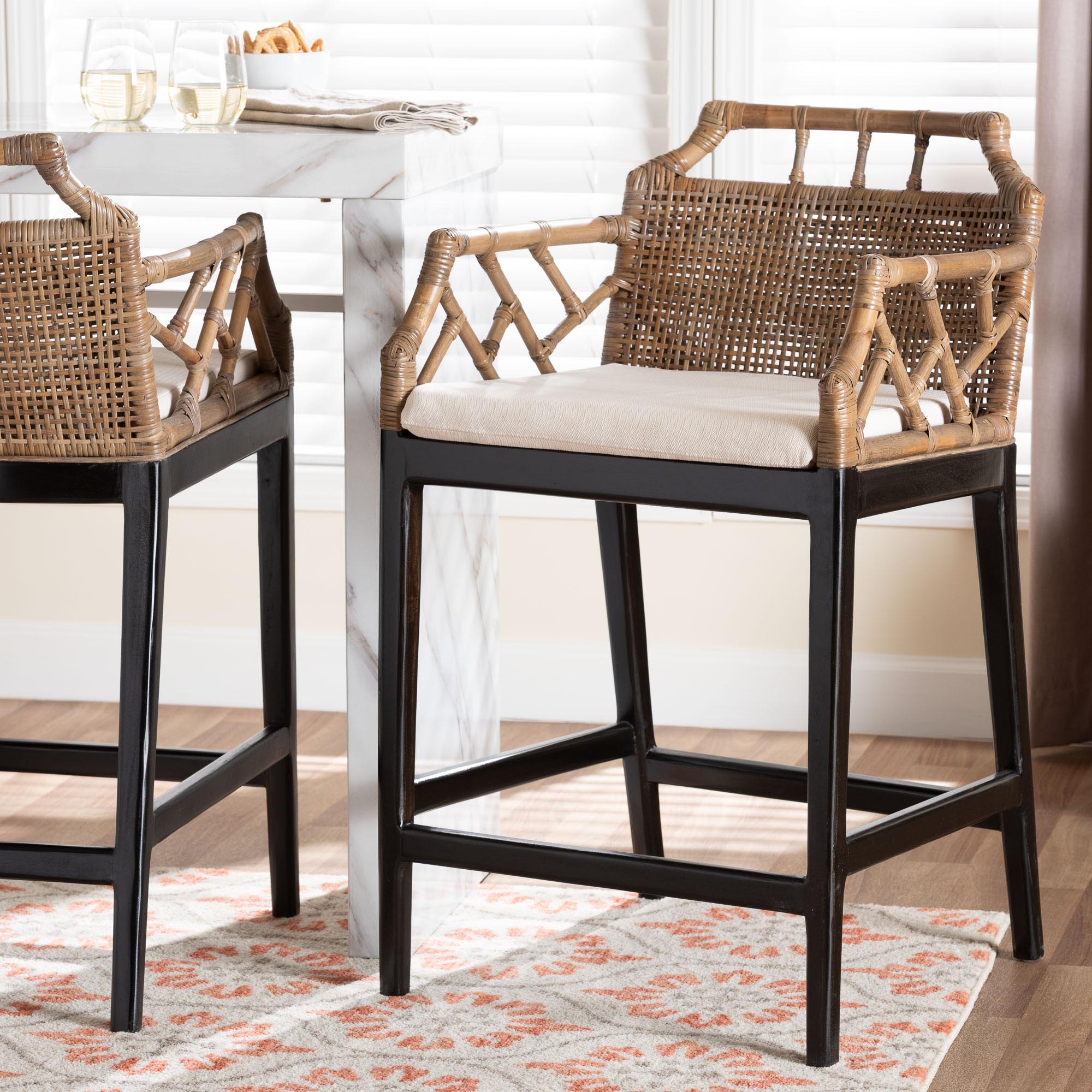 Abiel Natural Rattan Counter Stool with Arms and Removable Cushion - Handwoven Wicker Stool with Mahogany Wood Frame, Coastal Boho Seating for Kitchen or Dining Area