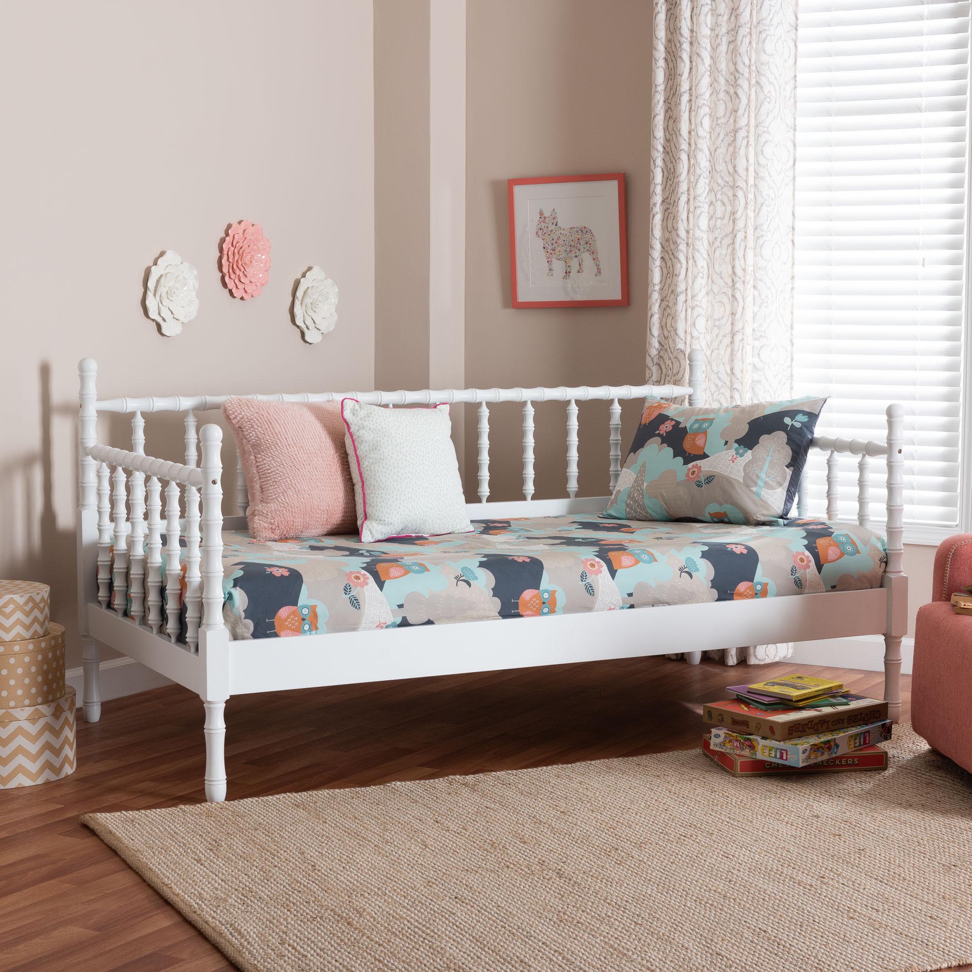 Laurent Daybed - Spindle Platform Bed Frame with Bamboo-Style Turned Posts, Classic Cottage Farmhouse Furniture, Twin, White