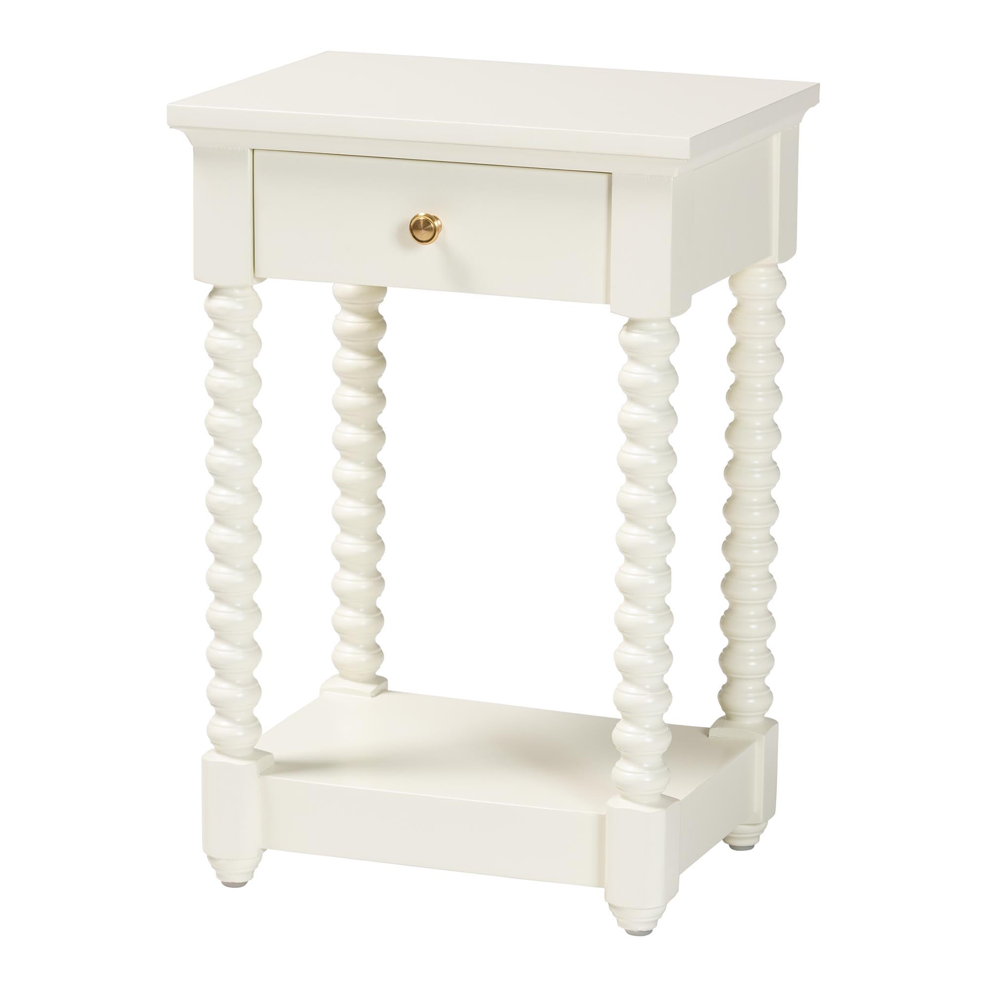 Baxton Studio Terentia Nightstand with Bobbin Legs - 1-Drawer Bedroom Side Table with Storage Shelf, White