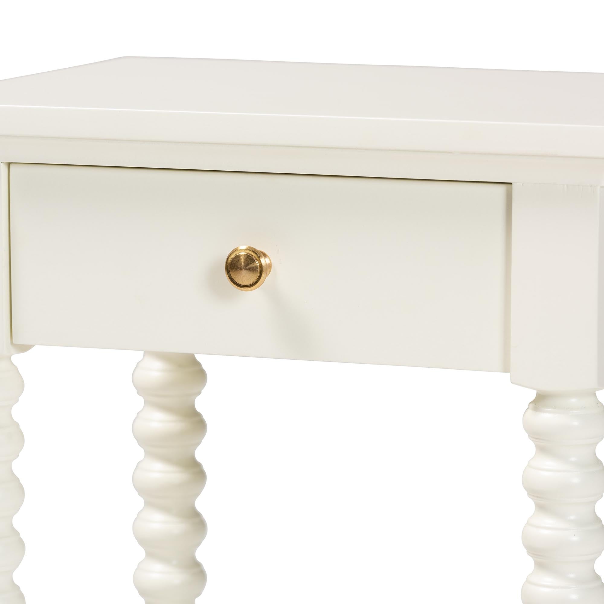 Terentia Nightstand with Bobbin Legs - 1-Drawer Bedroom Side Table with Storage Shelf, White