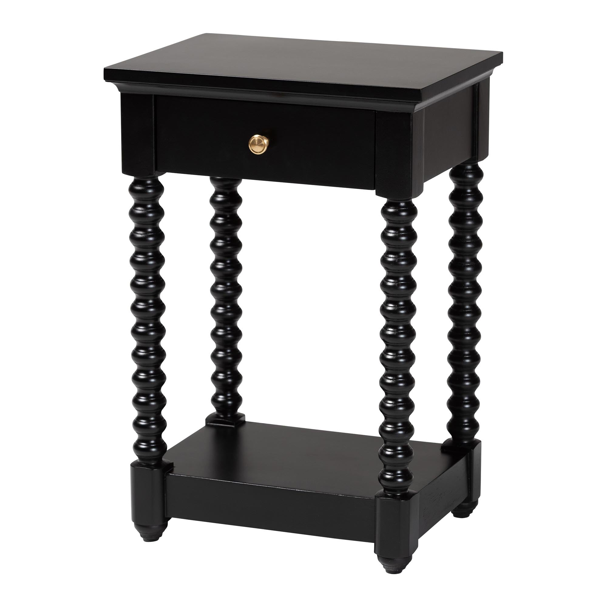 Terentia Nightstand with Bobbin Legs - 1-Drawer Bedroom Side Table with Storage Shelf, Black