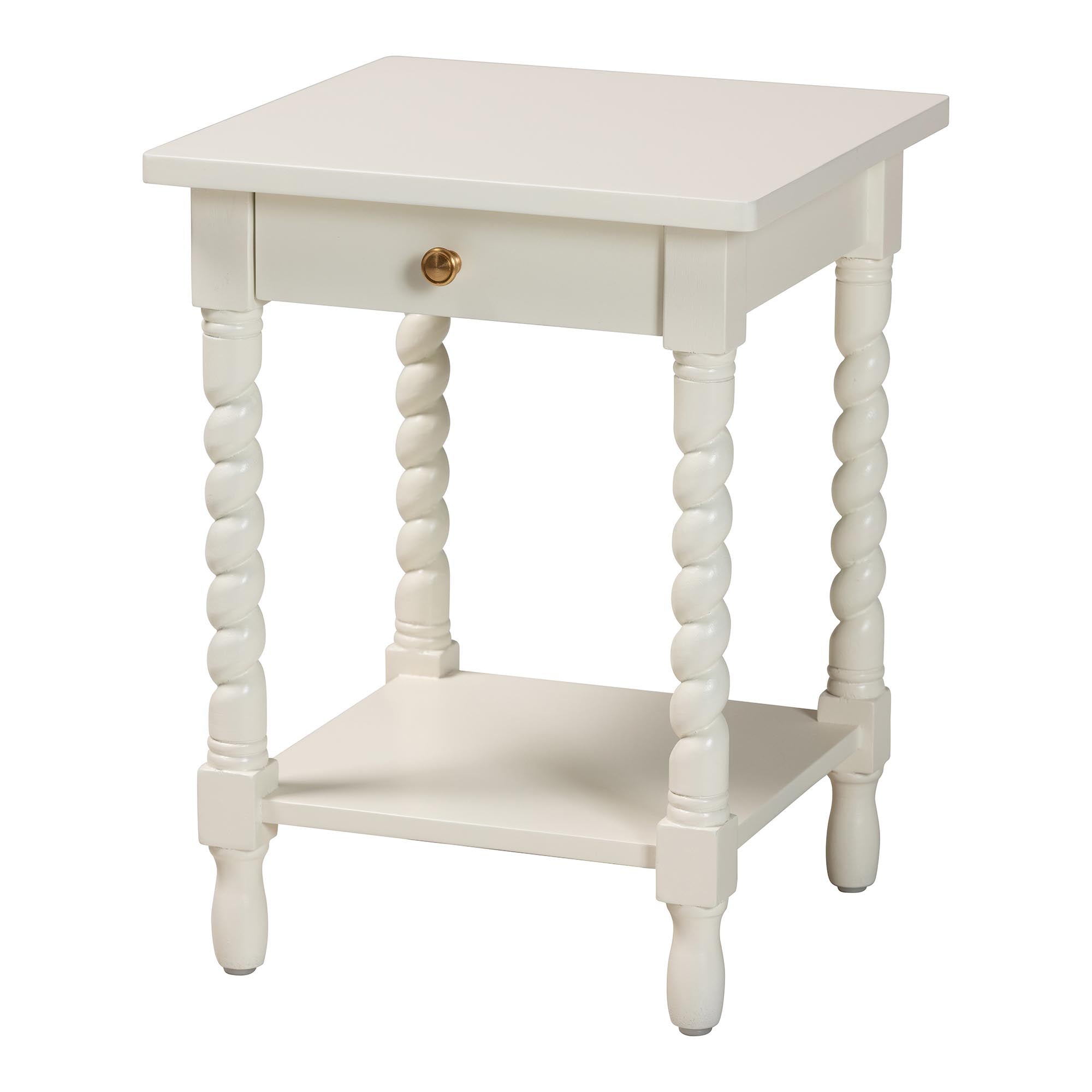 Baxton Studio Niklas Nightstand with Twisted Legs - 1-Drawer Bedroom Side Table with Storage Shelf, White