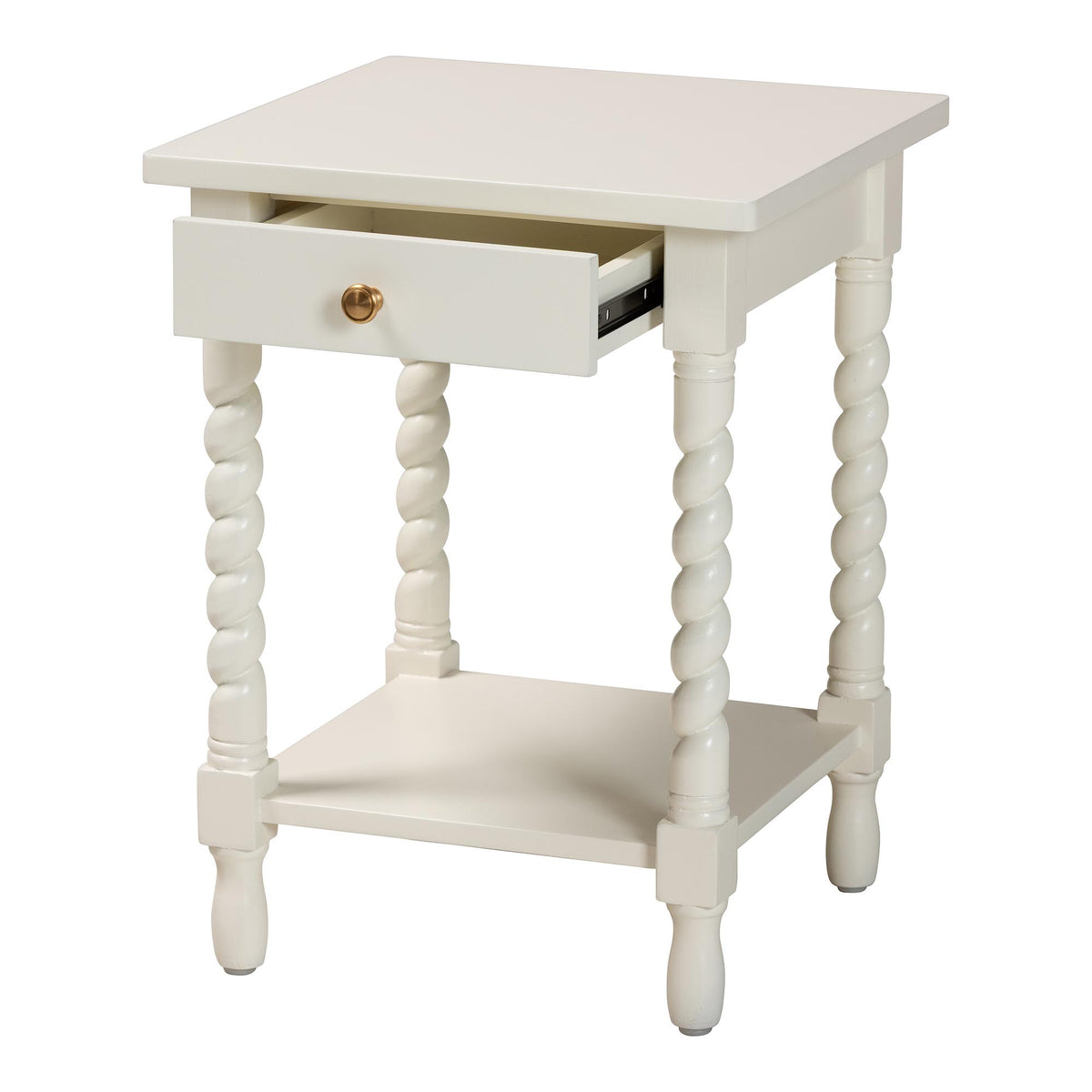 Niklas Nightstand with Twisted Legs - 1-Drawer Bedroom Side Table with Storage Shelf, White