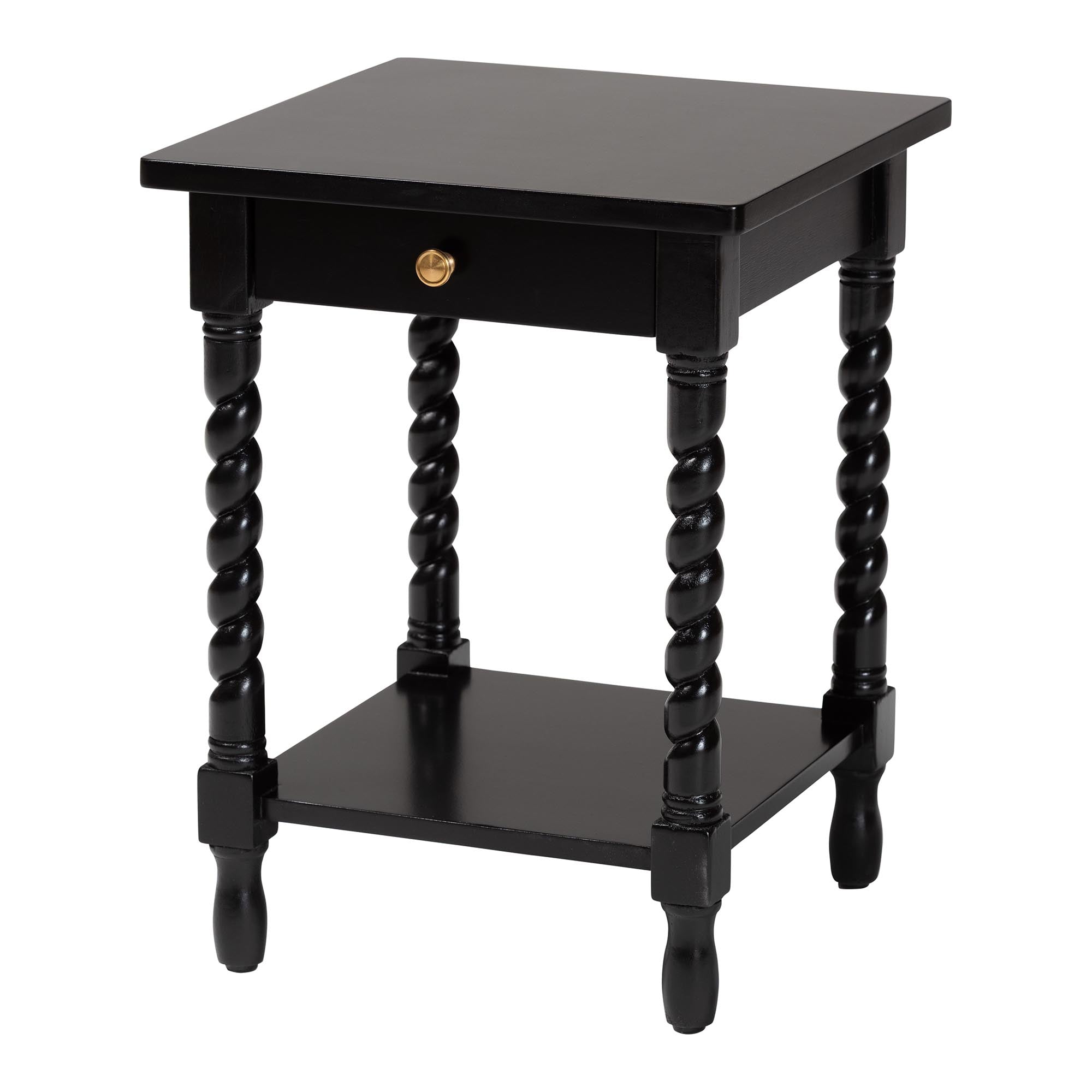 Baxton Studio Niklas Nightstand with Twisted Legs - 1-Drawer Bedroom Side Table with Storage Shelf, Black