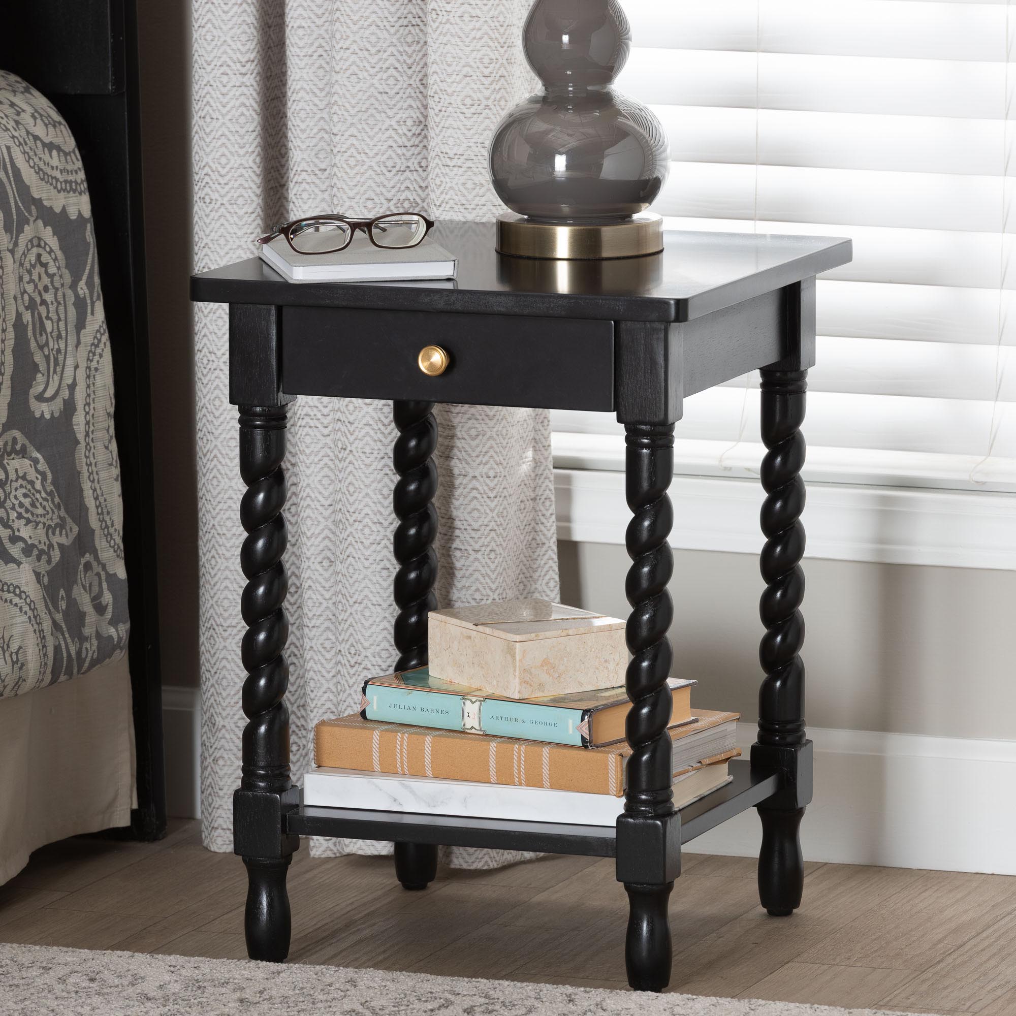 Niklas Nightstand with Twisted Legs - 1-Drawer Bedroom Side Table with Storage Shelf, Black
