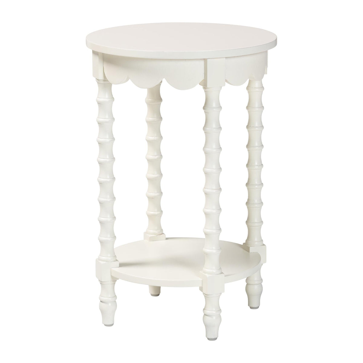 Sally Round Nightstand with Bamboo Inspired Legs - Scalloped Bedroom Side Table with Open Shelf, White