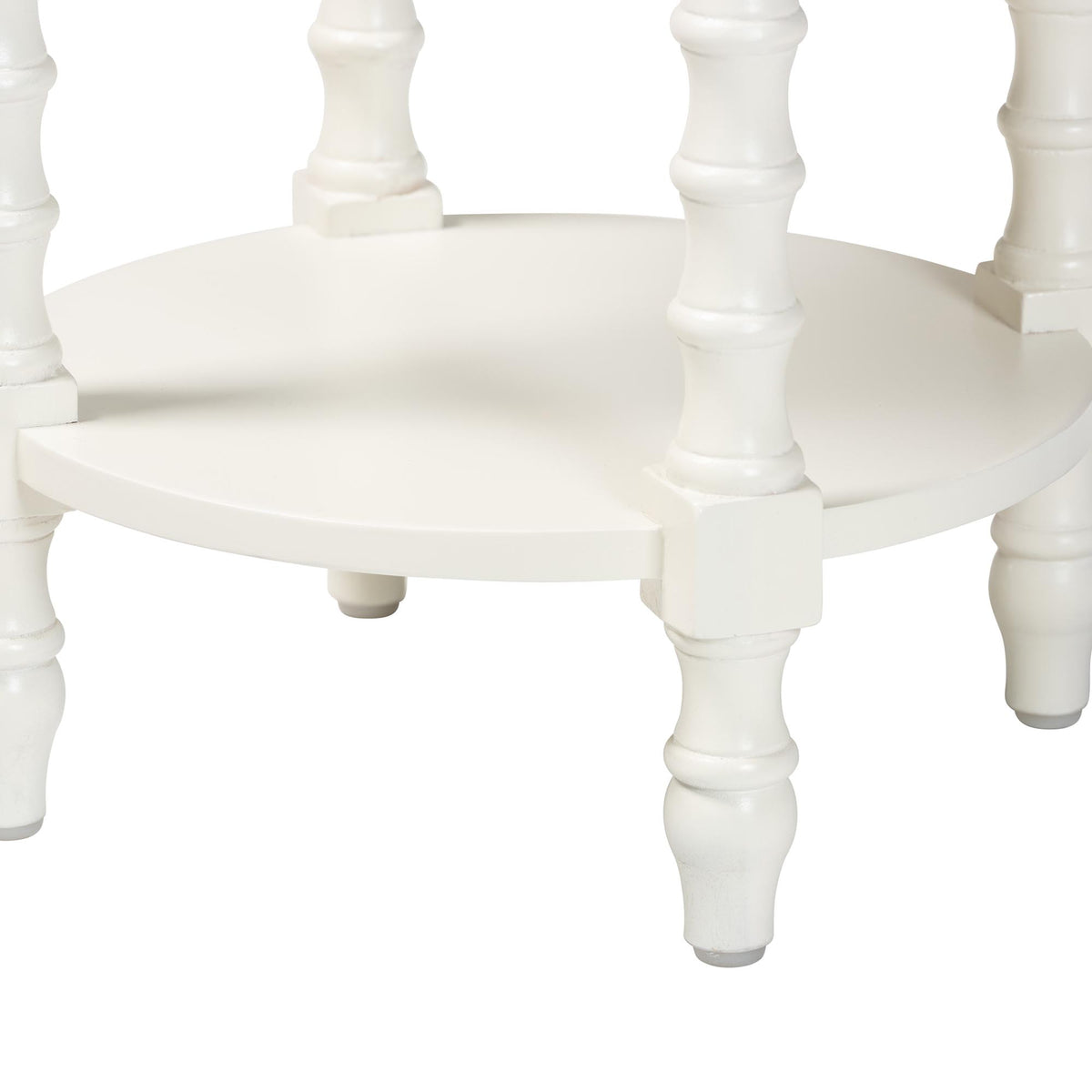 Sally Round Nightstand with Bamboo Inspired Legs - Scalloped Bedroom Side Table with Open Shelf, White