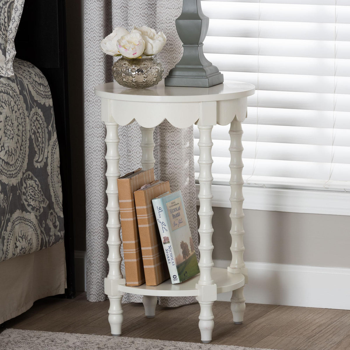 Sally Round Nightstand with Bamboo Inspired Legs - Scalloped Bedroom Side Table with Open Shelf, White