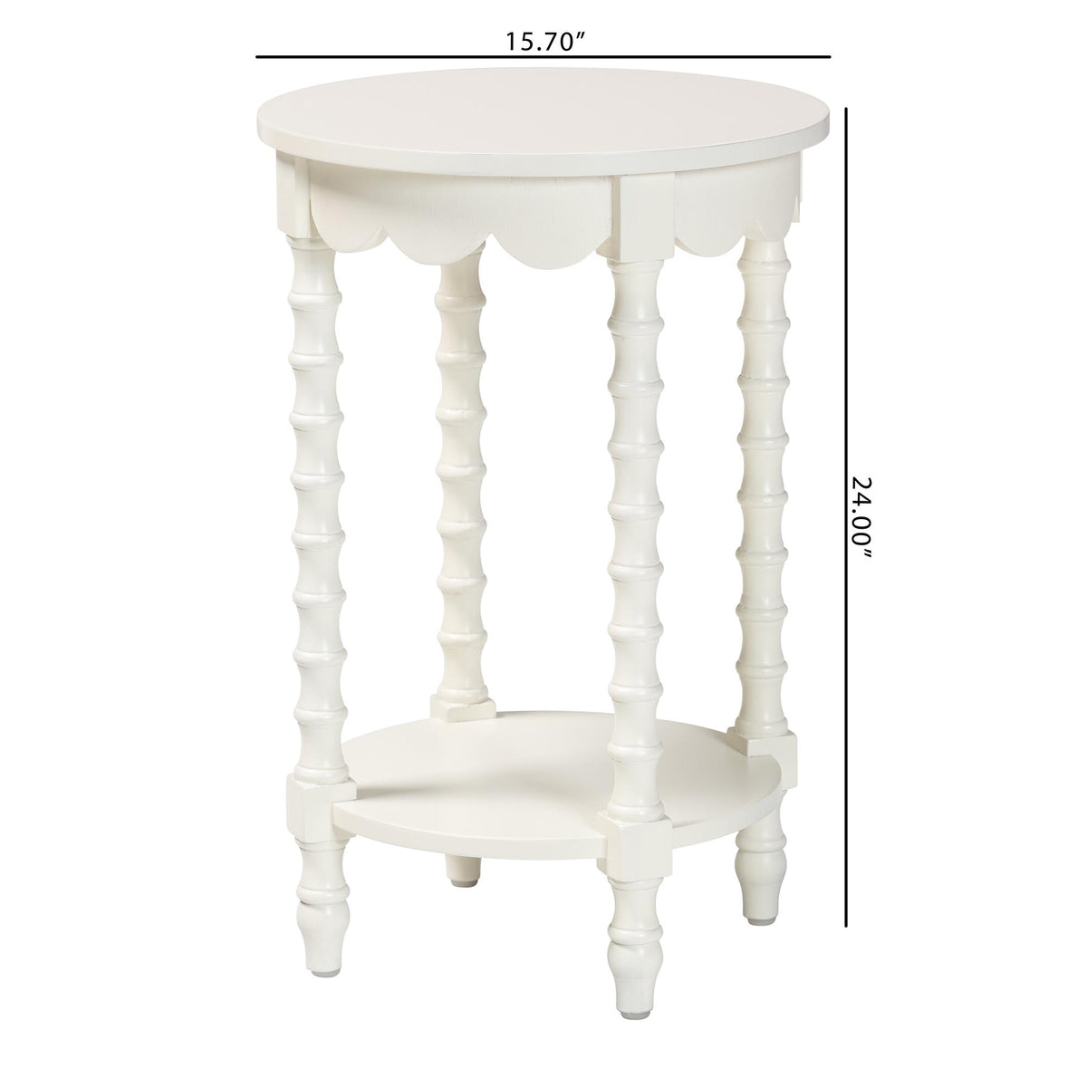 Sally Round Nightstand with Bamboo Inspired Legs - Scalloped Bedroom Side Table with Open Shelf, White