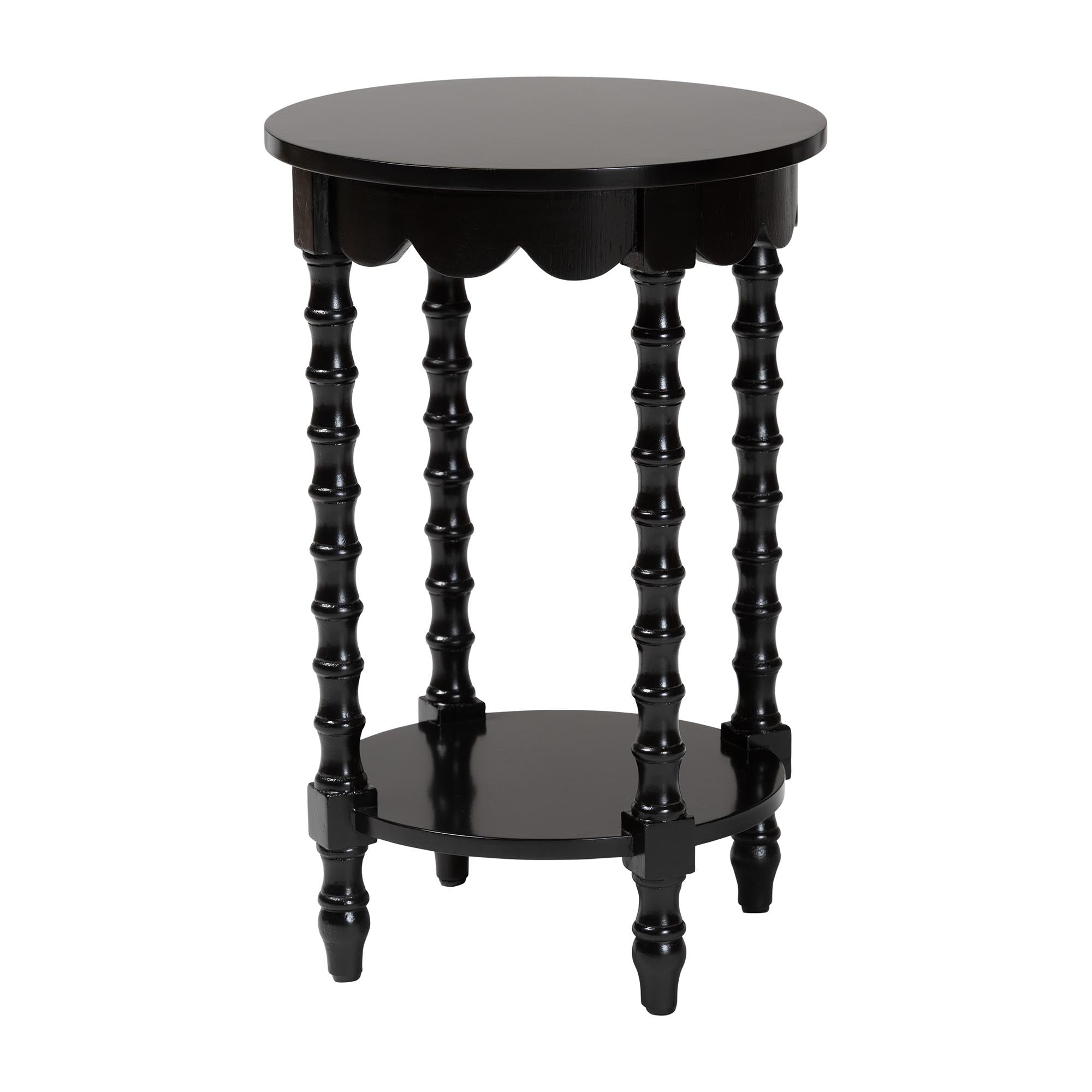 Sally Round Nightstand with Bamboo Inspired Legs - Scalloped Bedroom Side Table with Open Shelf, Black