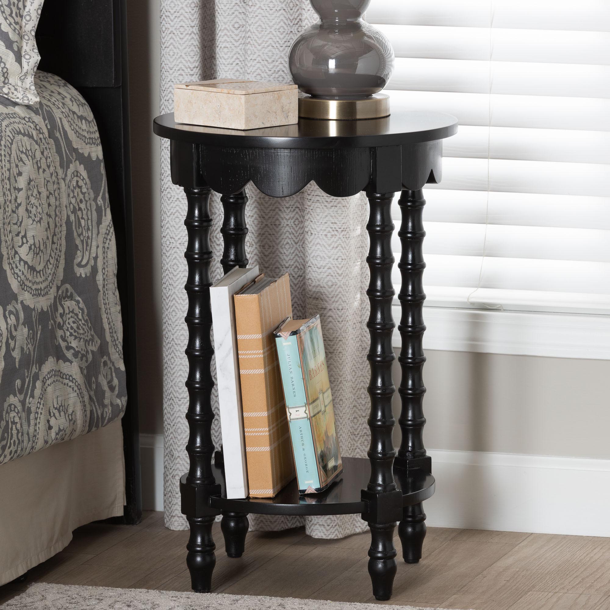 Sally Round Nightstand with Bamboo Inspired Legs - Scalloped Bedroom Side Table with Open Shelf, Black