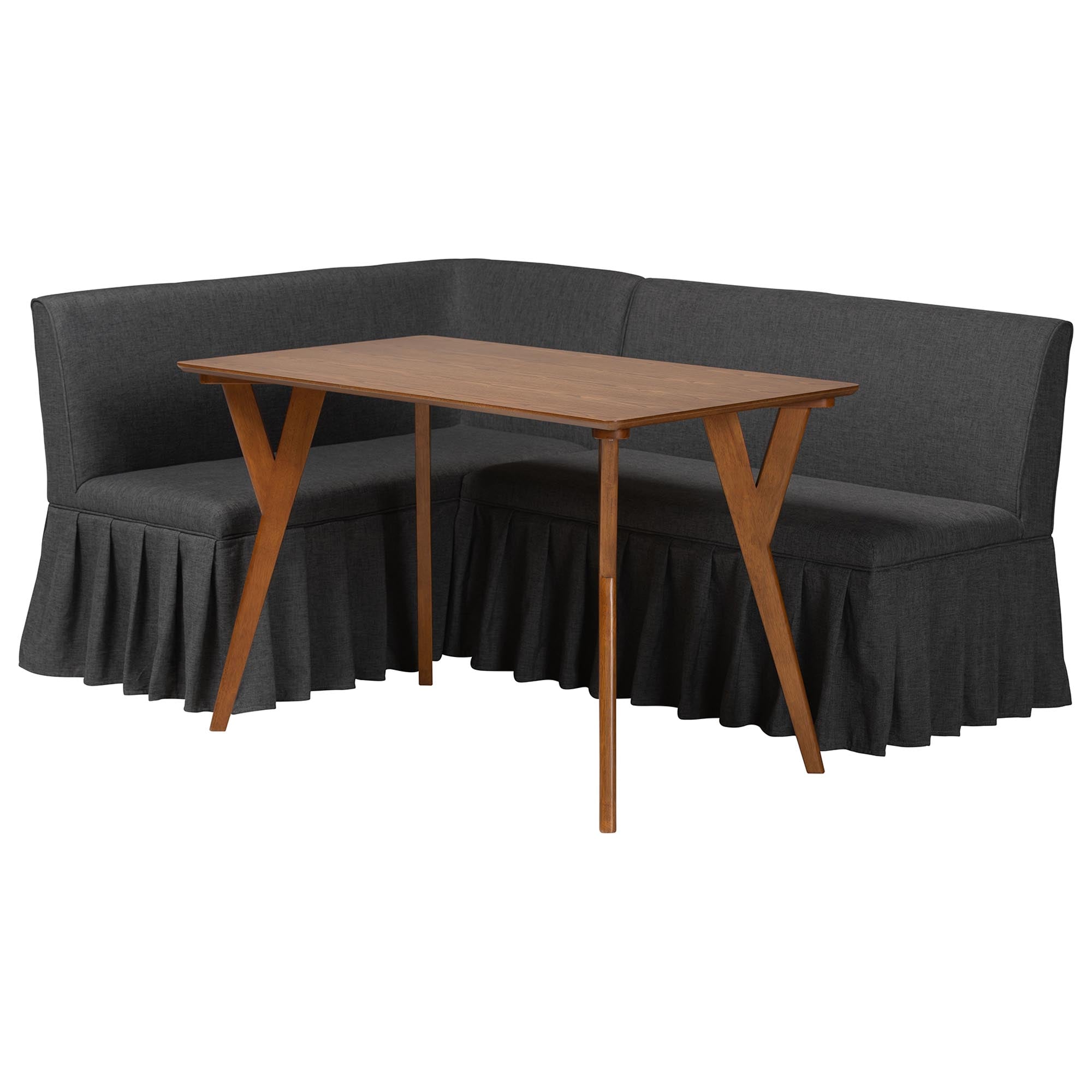 Randolph 3-Piece Fabric Upholstered Dining Nook Set - Corner Kitchen Banquette with Skirted Base, L-Shaped Breakfast Nook for Small Spaces, Dark Grey