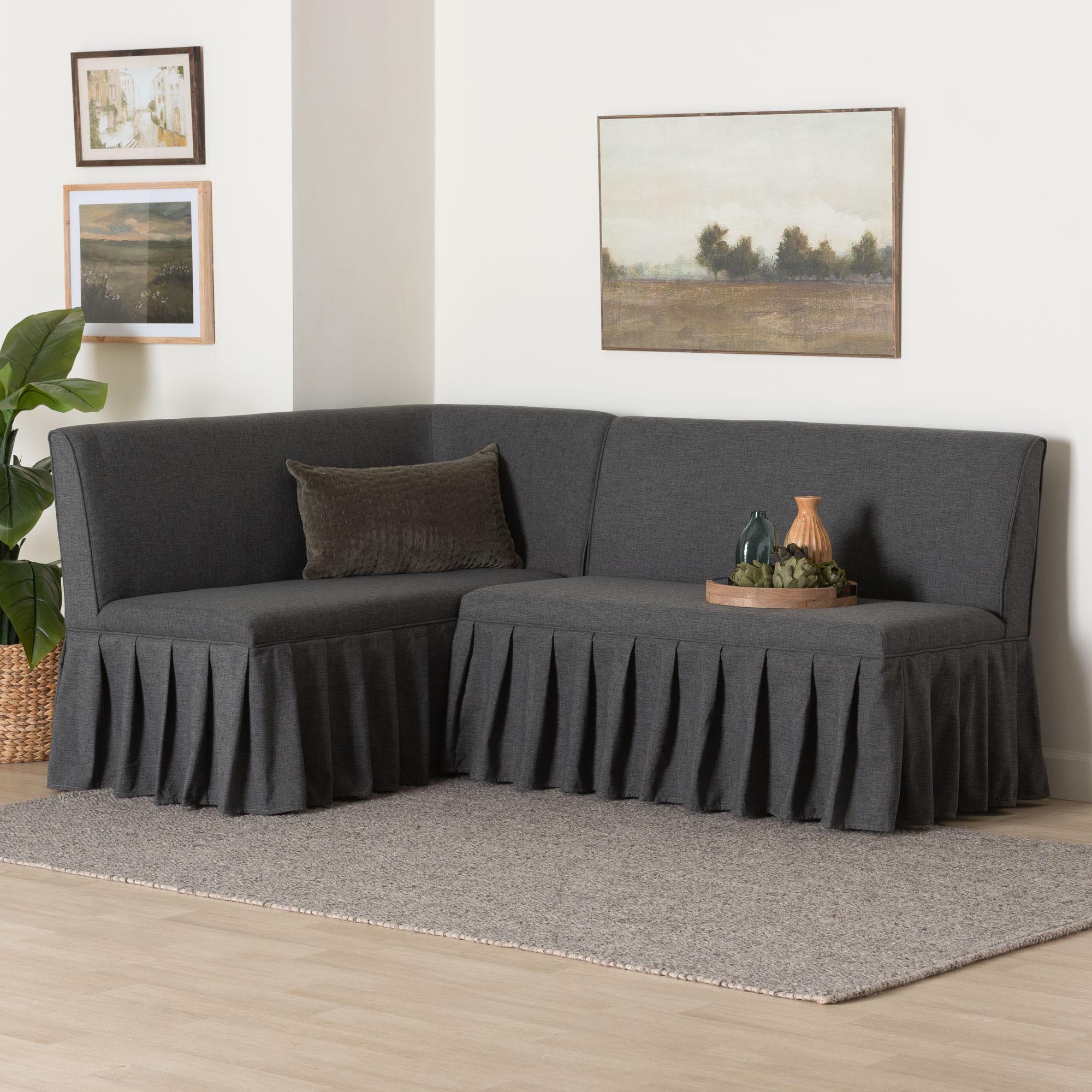 Bryna 2-Piece Fabric Upholstered Dining Nook Bench Set - Corner Kitchen Banquette Seating with Skirted Base, L-Shaped Breakfast Nook for Small Spaces, Dark Grey