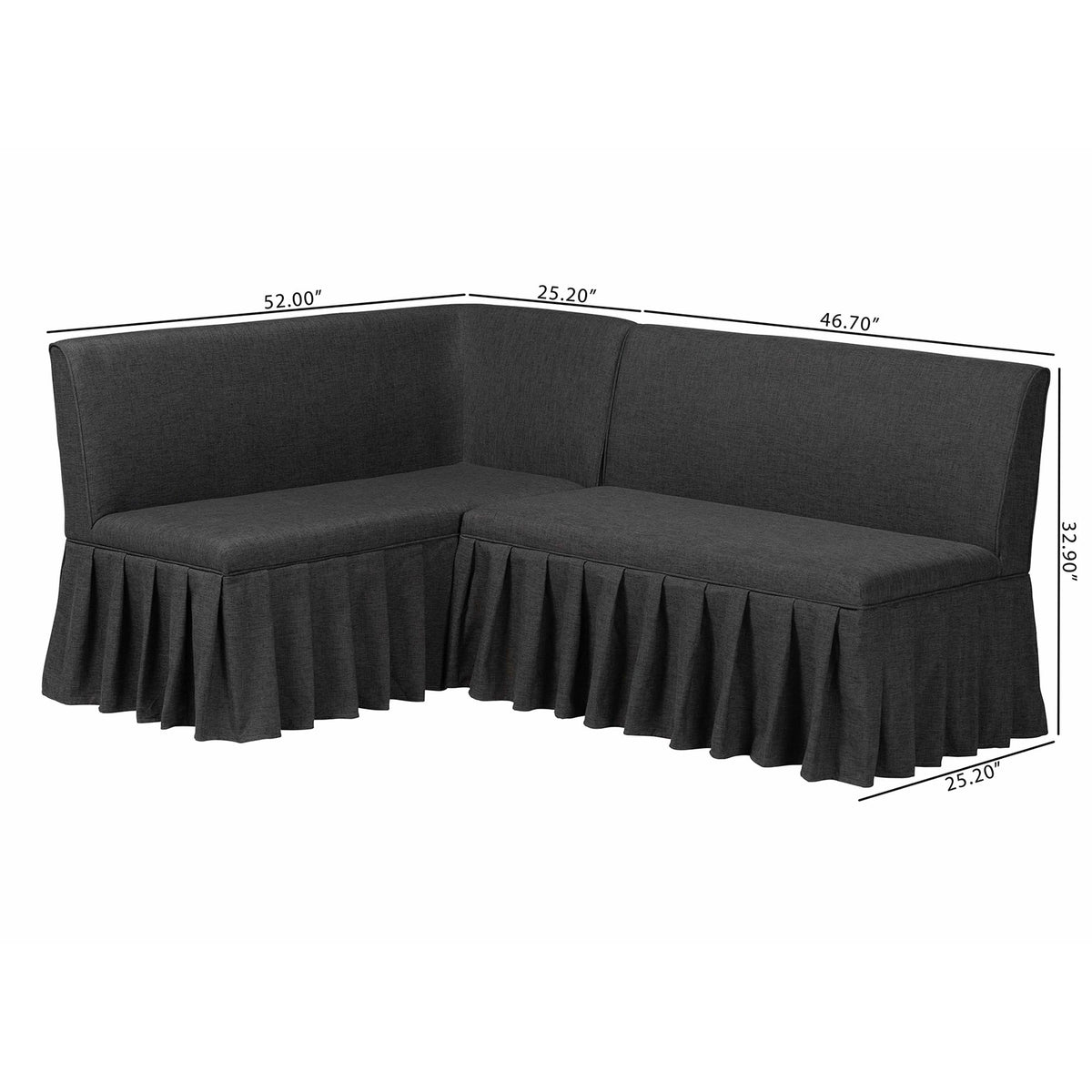 Bryna 2-Piece Fabric Upholstered Dining Nook Bench Set - Corner Kitchen Banquette Seating with Skirted Base, L-Shaped Breakfast Nook for Small Spaces, Dark Grey