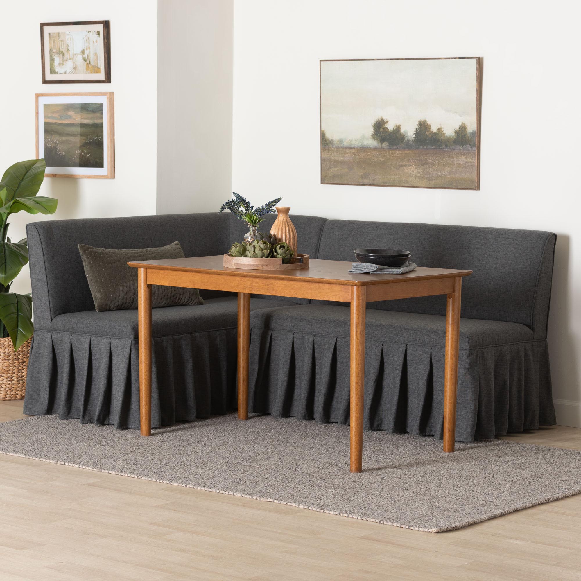 Richard 3-Piece Fabric Upholstered Dining Nook Set - Corner Kitchen Banquette with Skirted Base, L-Shaped Breakfast Nook for Small Spaces, Dark Grey