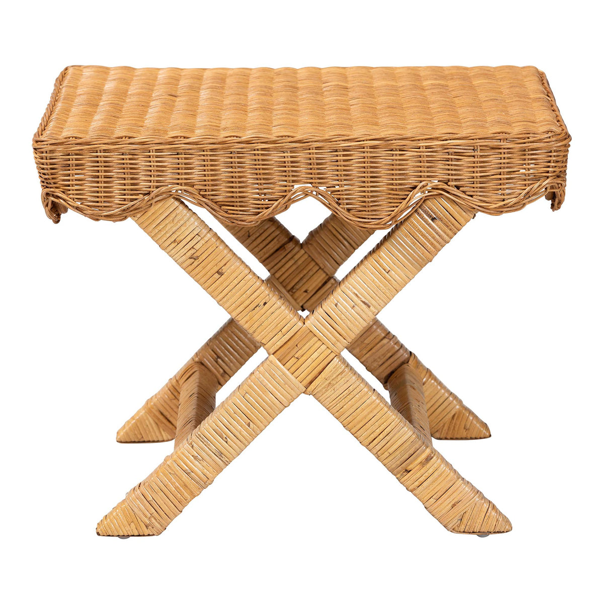 Modesta Natural Rattan Accent Bench - Handwoven Wicker Seating with Scalloped Apron and X-Frame Base, Coastal Boho Entryway or Bedroom Seating