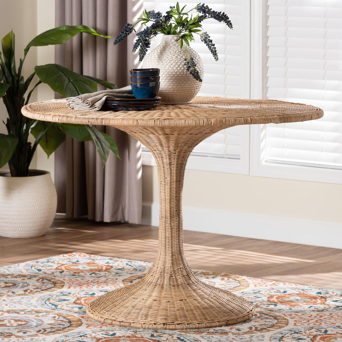 Natala Rattan Dining Table - Handwoven Wicker Tulip Table, Pedestal Frame Centerpiece for Dining Room or Kitchen