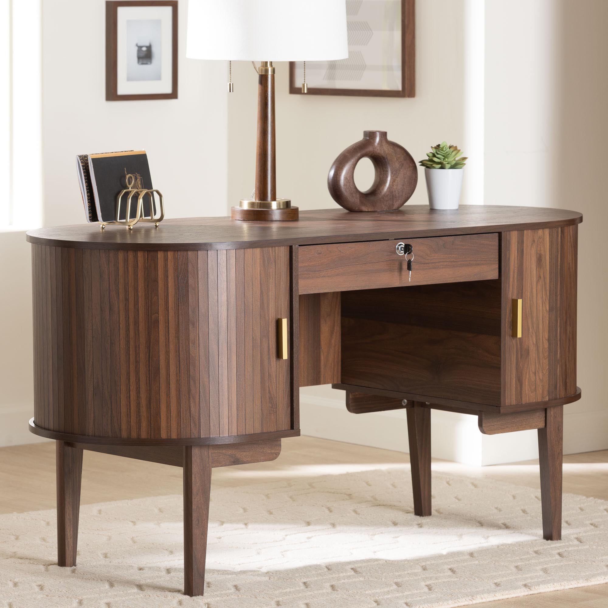 HaYes Wood Writing Desk - Mid-Century Modern Oval Desk with Locking Drawer and Sliding Tambour Doors for Office or Home