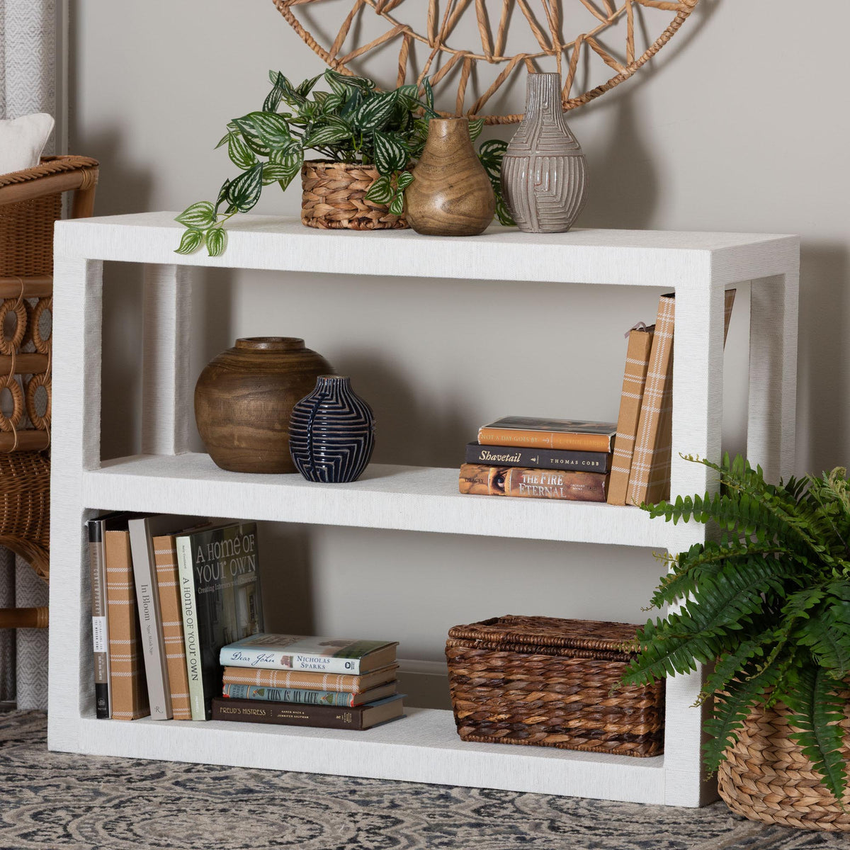 Oaklynn Natural Grasscloth Bookshelf - Two-Tier Display Piece with Open Frame, Modern Coastal Accent Shelving for Living Room, White