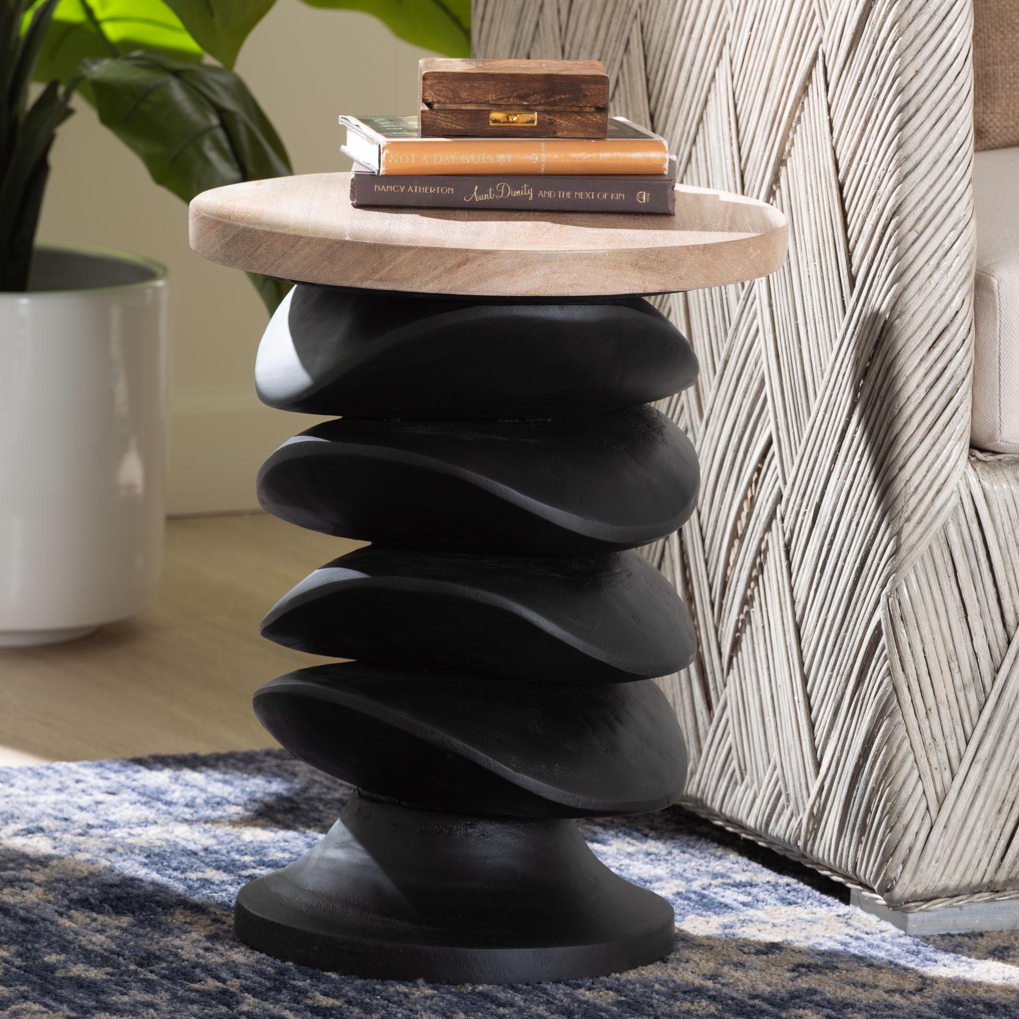 Ziva End Table with Petrified Wood Top - Pedestal Accent Side Table for Living Room or Entryway
