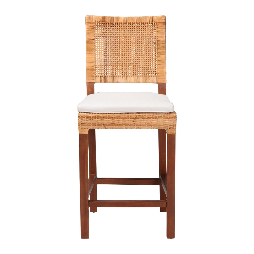 Lesia Natural Rattan Counter Stool with Cushion - Handwoven Wicker Stool with Mahogany Wood Frame, Coastal Boho Style for Kitchen Island or Bar Seating