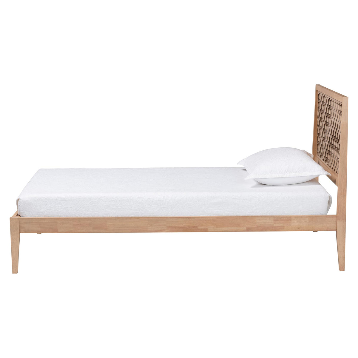 Lara Twin Platform Bed - Modern Wood Bed Frame with Laser-Cut Decorative Headboard Overlay, Oak Brown