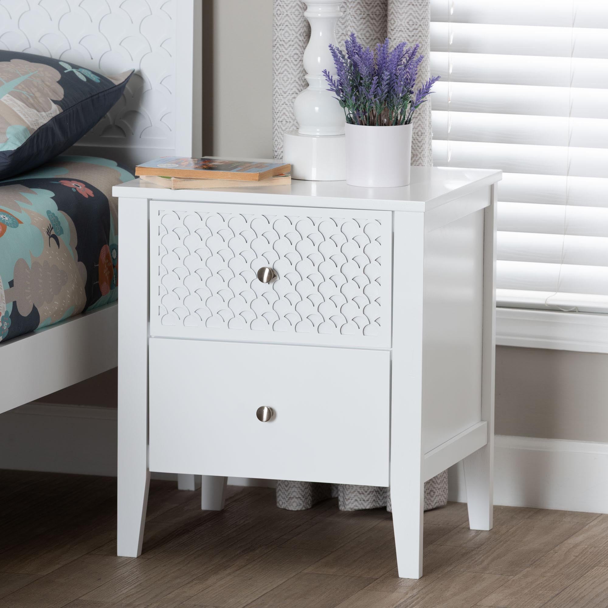 Lara Nightstand - 2-Drawer Bedside Table with Laser-Cut Geometric Overlay for Bedroom or Guest Room, White