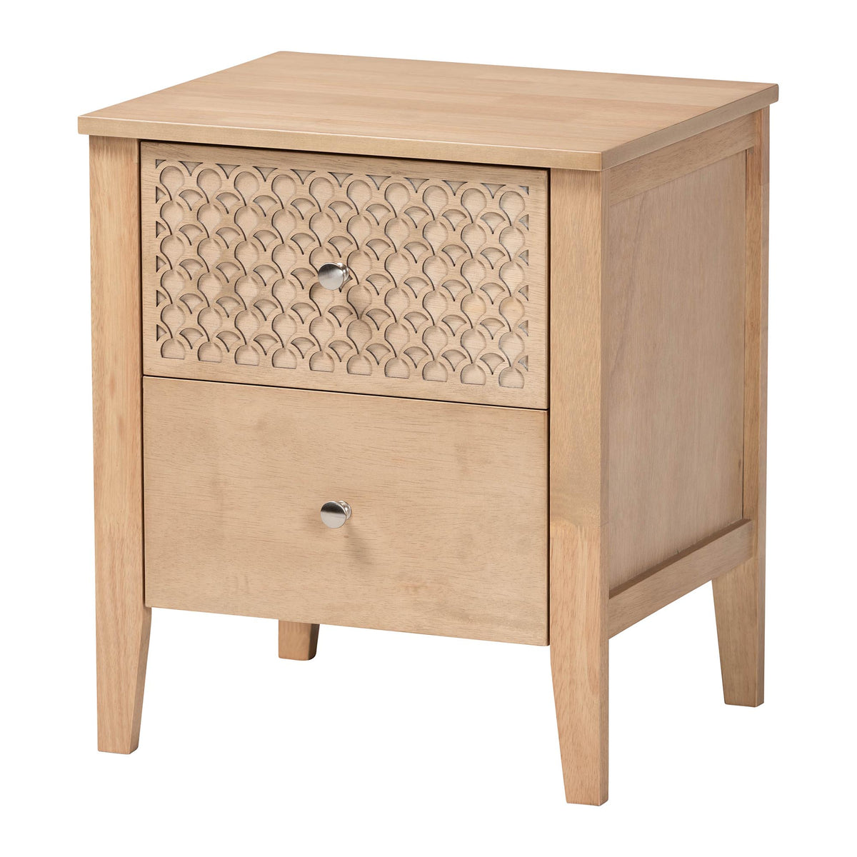 Lara Nightstand - 2-Drawer Bedside Table with Laser-Cut Geometric Overlay for Bedroom or Guest Room, Oak Brown
