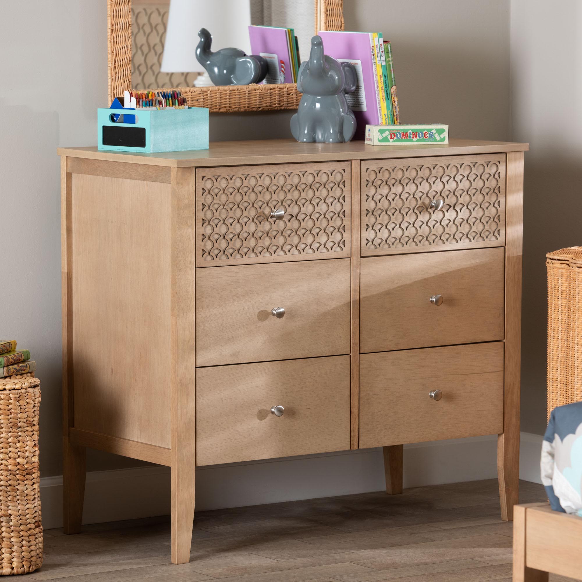 Lara Dresser - 6-Drawer Bedroom Storage Chest with Laser-Cut Geometric Overlay for Clothing and Organization, Oak Brown