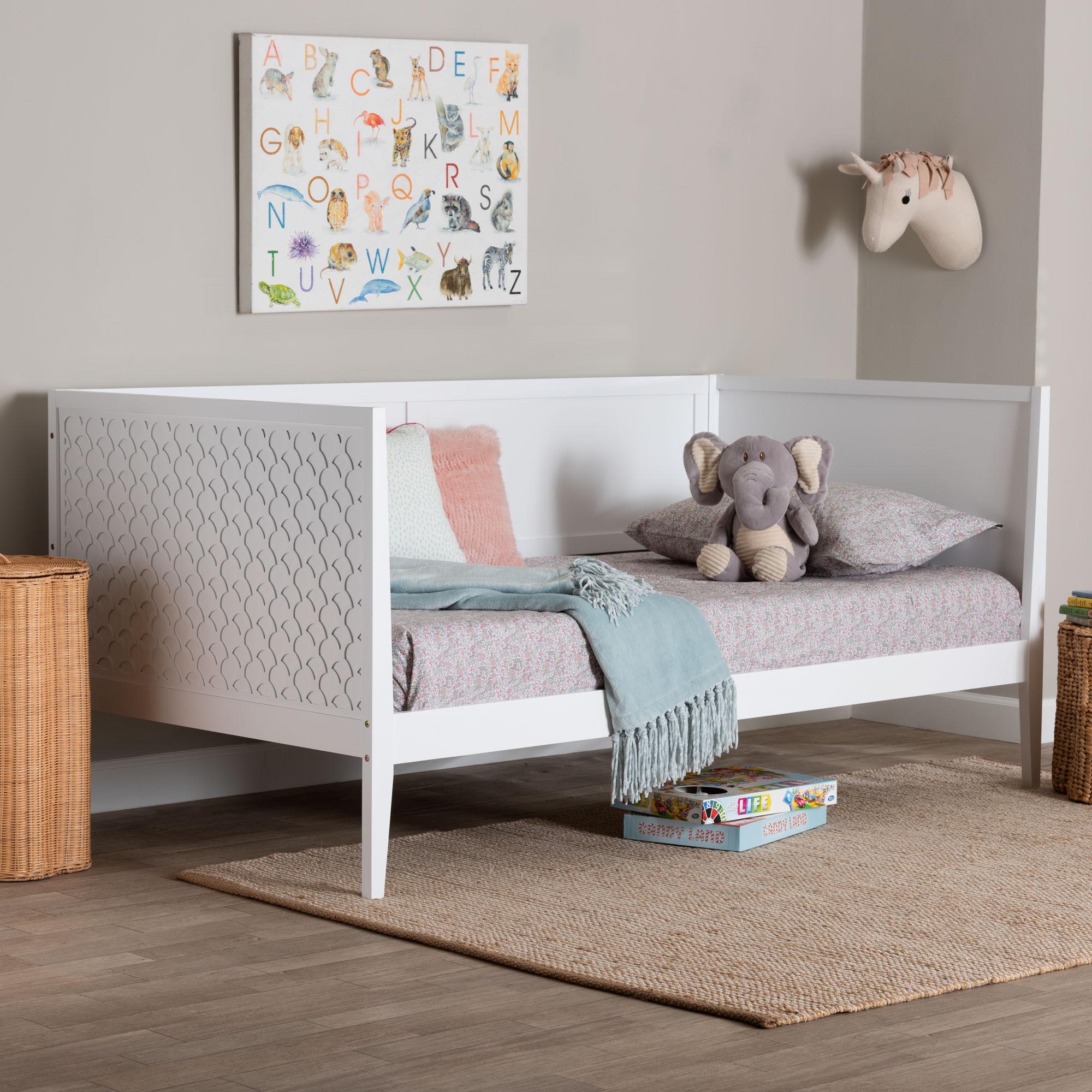 Lara Twin Daybed - Modern Wood Bed Frame with Wraparound Laser-Cut Decorative Headboard Overlay, White