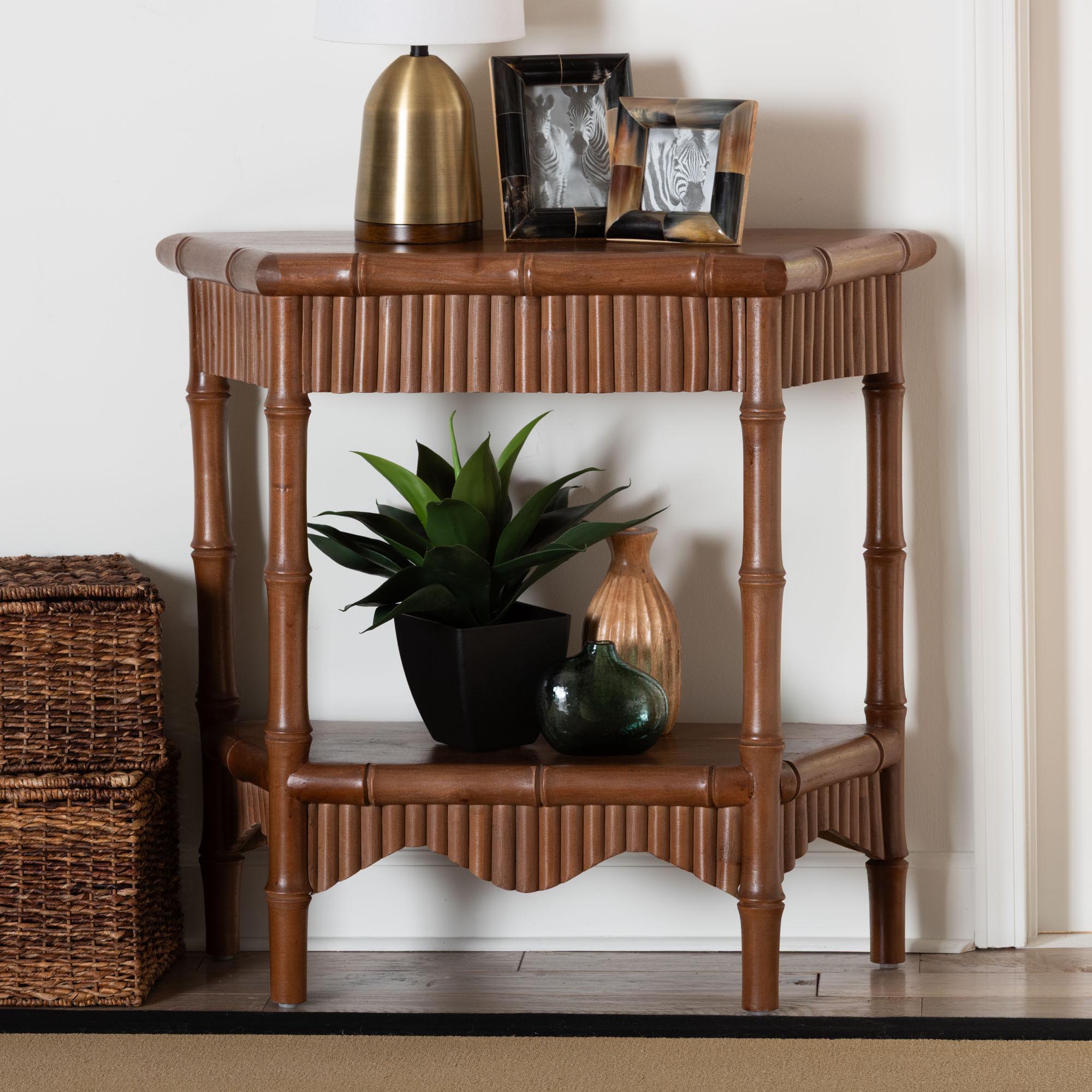Alessa Mahogany Wood Console Table - Fluted Wood Accent Table with Bamboo Motif and Two-Tier Display for Living Room, Entryway, or Hallway, 32 in.