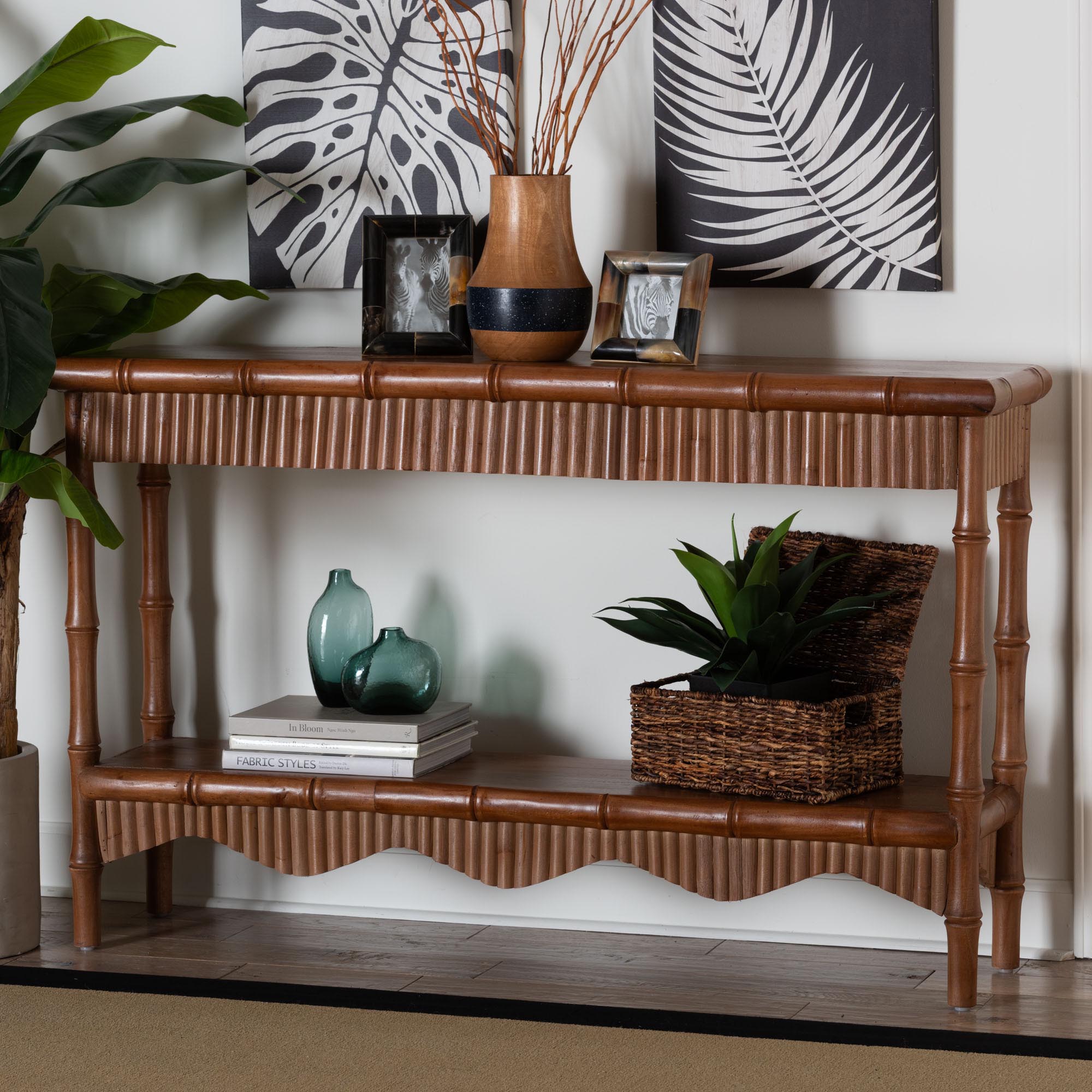 Alessa Mahogany Wood Console Table - Fluted Wood Accent Table with Bamboo Motif and Two-Tier Display for Living Room, Entryway, or Hallway, 54 in.