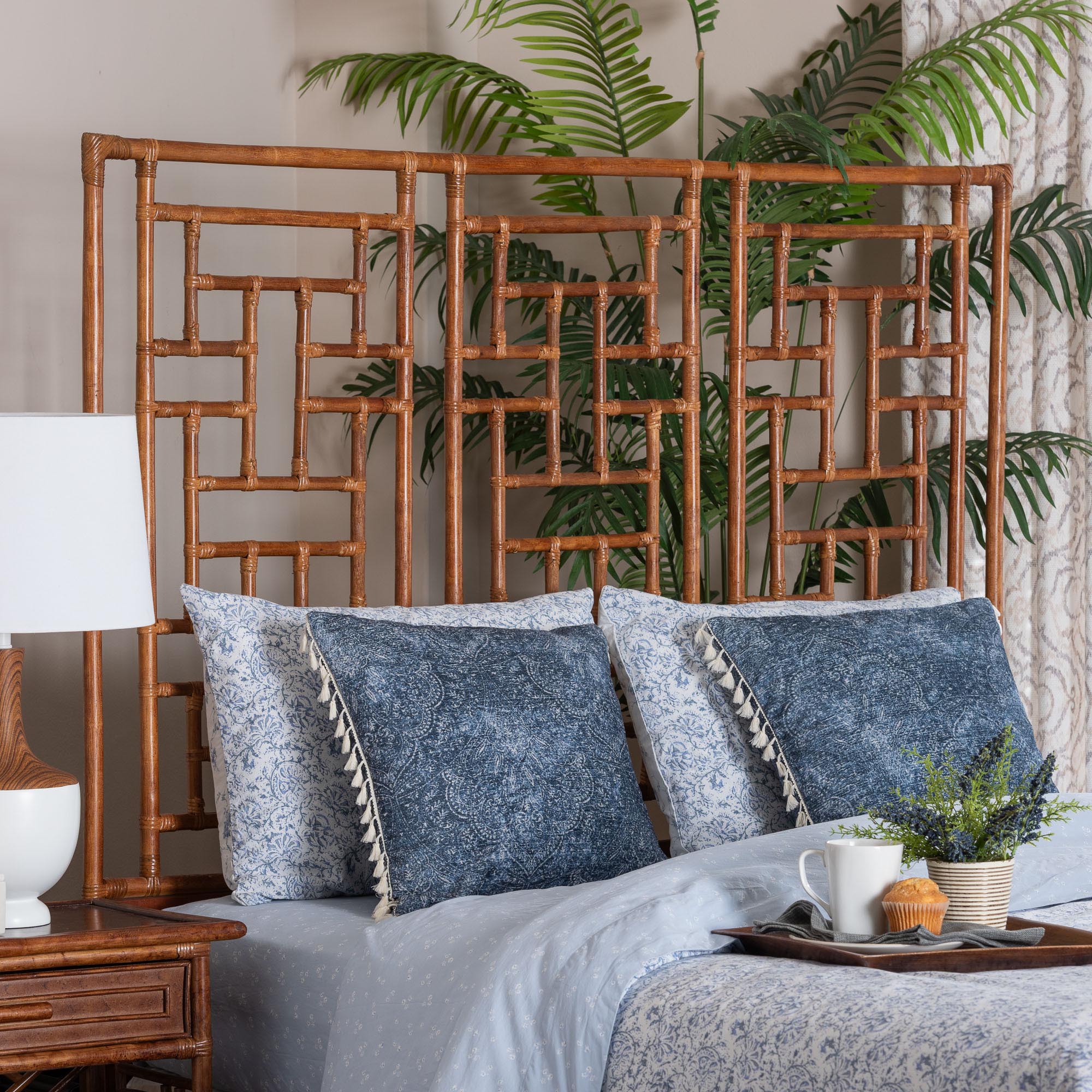 Jamuna Marbled Tortoise Natural Rattan Headboard - Handcrafted Coastal Boho Style Bedroom Backdrop, King