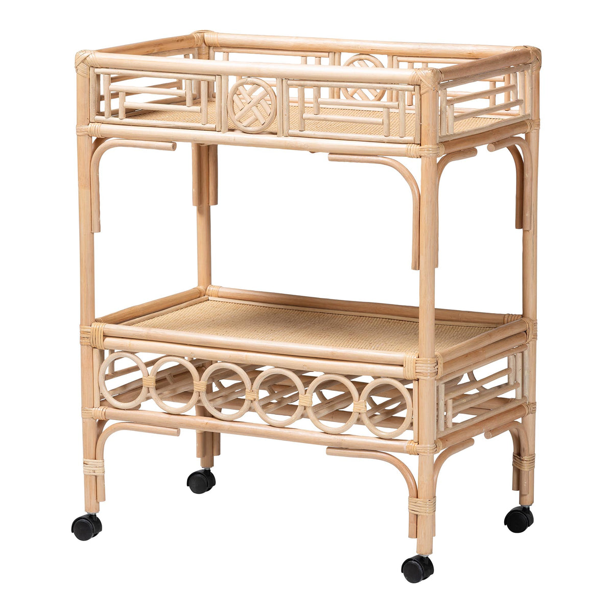 Molina Natural Rattan Wine Cart - 2-Tier Beverage Trolley with Wheel and Bottle Holders, Tropical Coastal Style Furniture