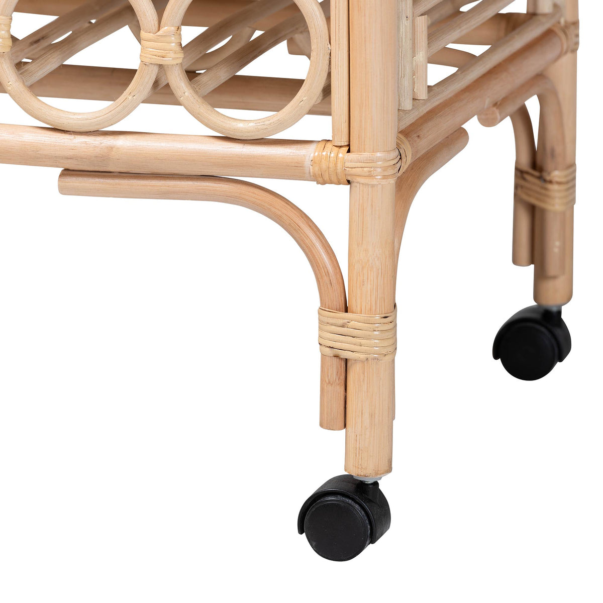 Molina Natural Rattan Wine Cart - 2-Tier Beverage Trolley with Wheel and Bottle Holders, Tropical Coastal Style Furniture