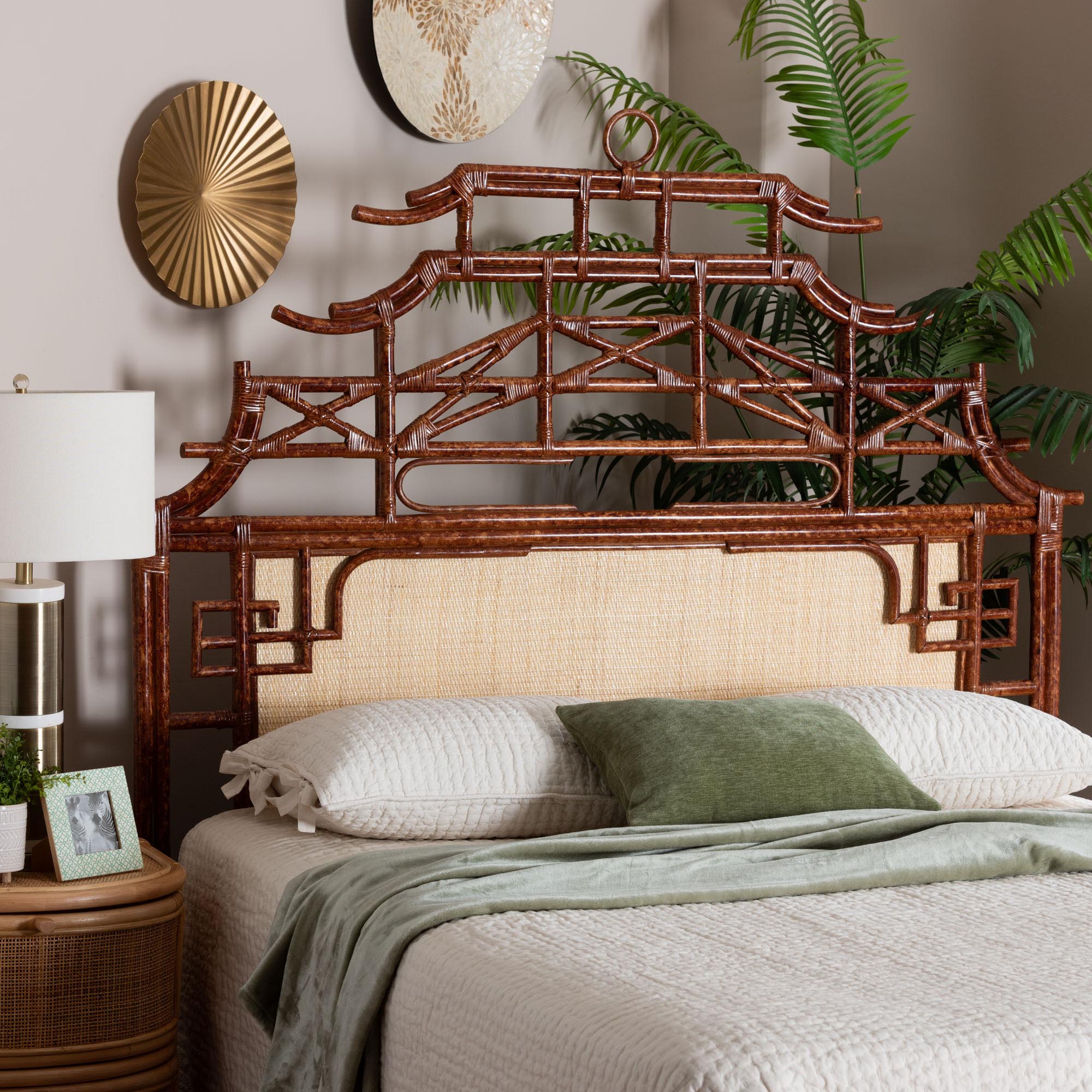 Tamiko Marbled Tortoise Rattan Freestanding Headboard - Pagoda Inspired Standalone Headboard with Handwoven Panel, Queen